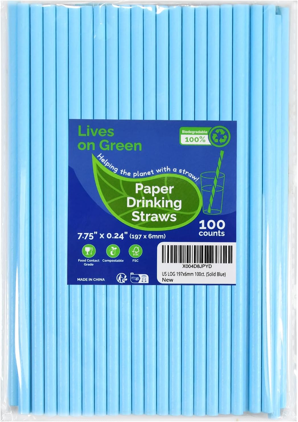 7.75'' x 0.24'' Disposable Solid Blue Unwrapped Paper Straws for Drinking 100 Counts - for Cocktail, Beverage, Cake Pops