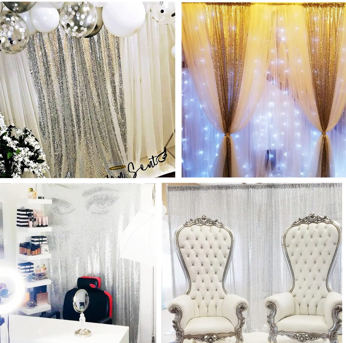 Poise3EHome Silver Sequin Backdrop Curtains,2ft x 8ft Sequin Photography Backdrop Curtain 2 Panels for Party Decoration