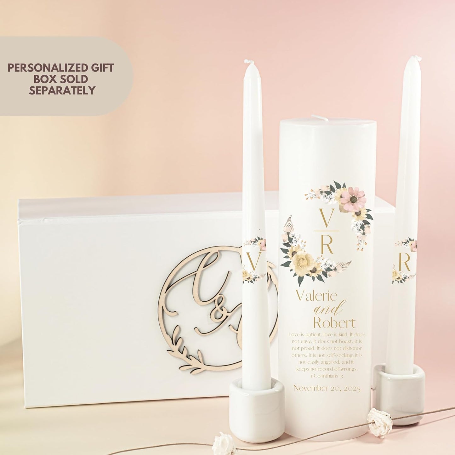 Unity Candles for Wedding, Modern Unity Set, Custom and Personalized Pillar and Taper Candles with Bible Quote, Unscented White Premium Wax, Religious and Wedding Ceremony, Special Events