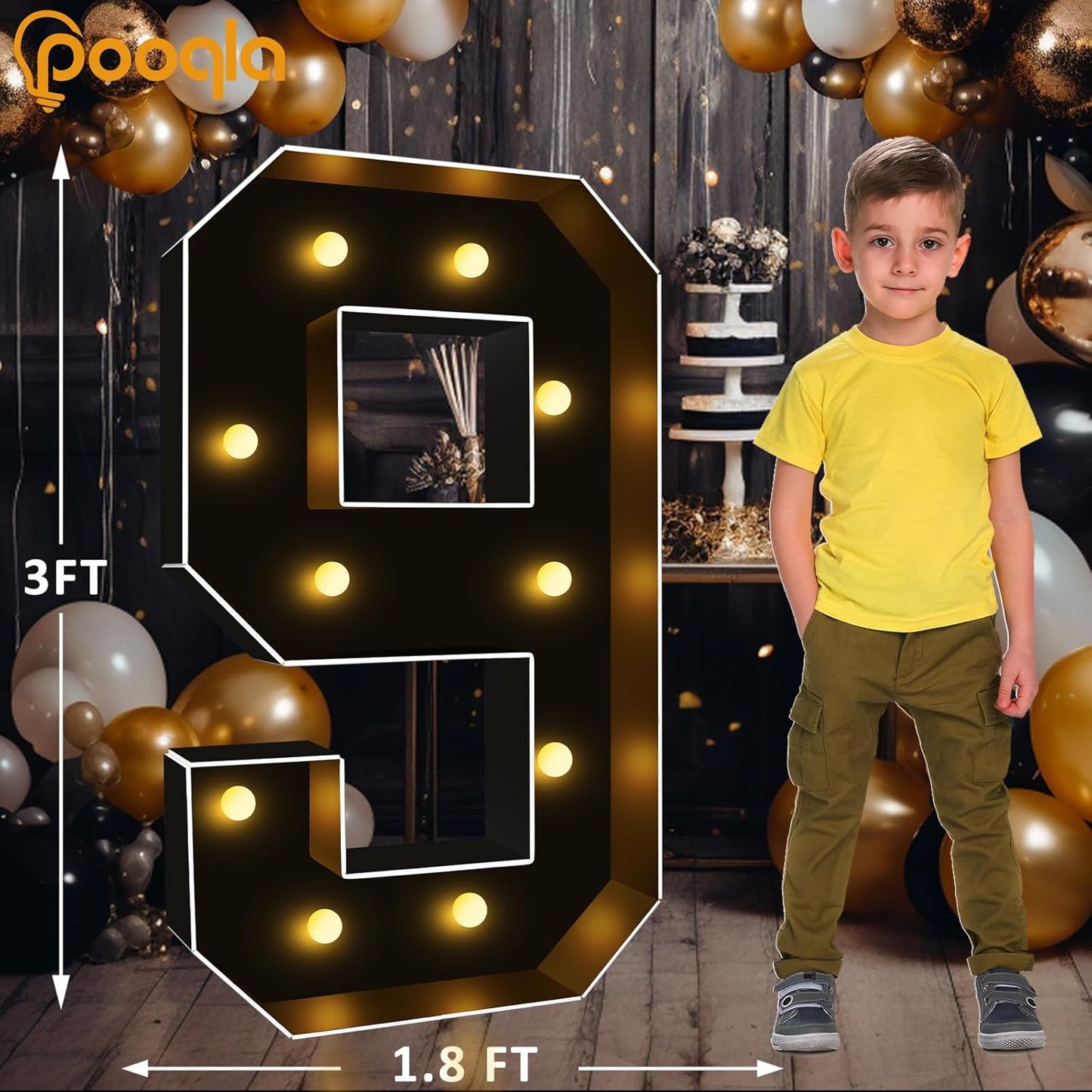 Pooqla 3 FT Light Up Marquee Numbers, Black Marquee Number Lights 3 Feet Tall for 9th 19th 90th Birthday, Giant Letter Big Mosaic Numbers for Balloons Party Anniversary Wedding Decorations, Black 9