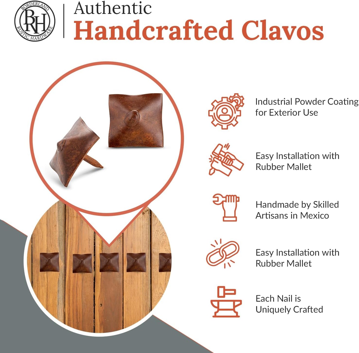 100 Pack 1" Square Head Iron Clavos Decorative Nails – Sealed Rusted – Handmade Rustic Square Fasteners for Farmhouse Shutters, Faux Wood, Barn Doors, Shutters, and Gates – Ornamental Wood Accent