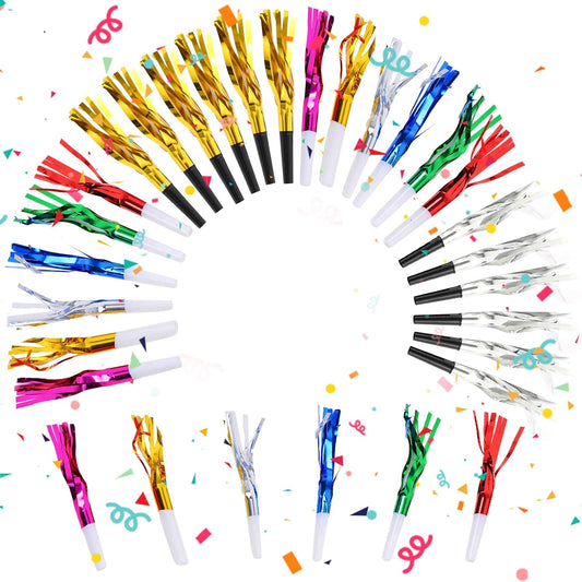 24 Pcs Glitter Noisemakers, Metal Tassel Music Birthday Blowers, Horn Whistles Party Favors Blow Out, Kids New Year's Eve Noisemakers (Color, Gold, Silver)