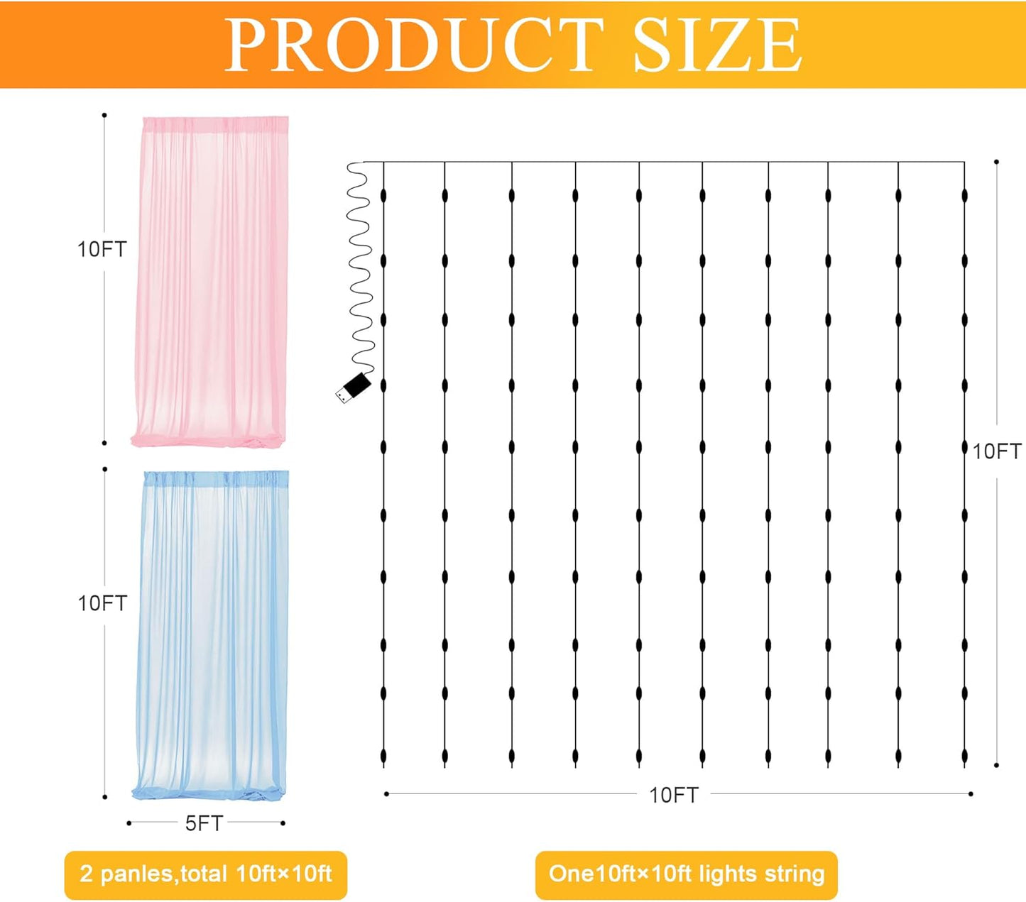 Fomcet Tulle Curtains with Lights String Pink and Blue 10FT X 10FT Sheer Backdrop Curtains for Parties Wedding Baby Shower Photo Shoot Decorations (2 Panels 5 x 10FT)