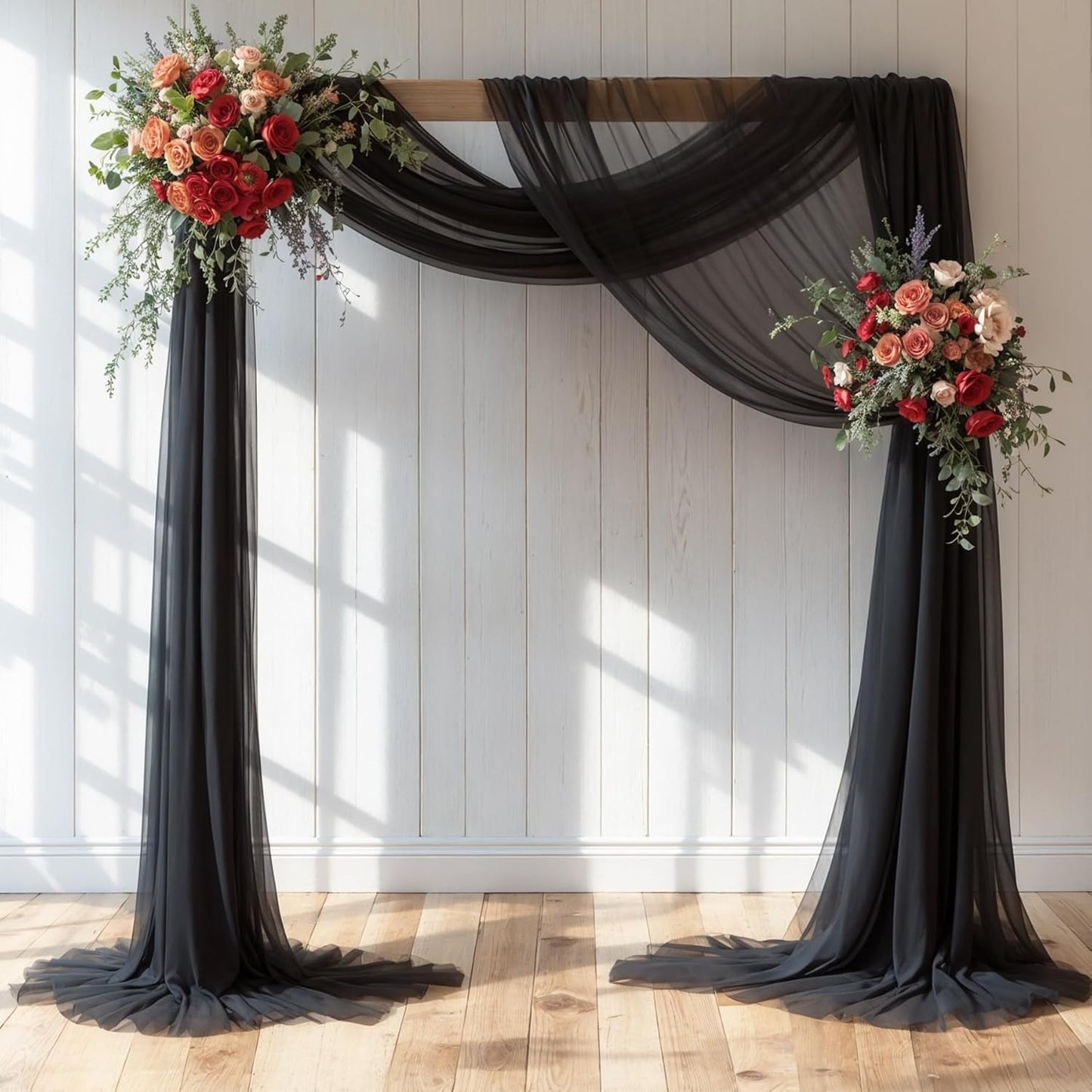 Wedding Arch Draping Fabric,2 Panels 18FT Black Sheer Chiffon Curtain Drapes 6 Yards for Wedding Ceremony Birthday Party Decoration