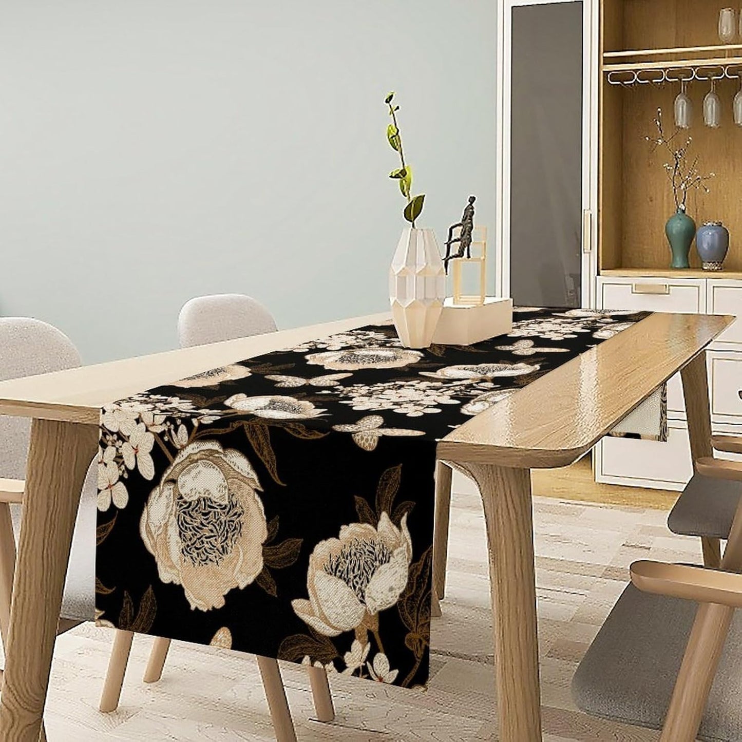 Watercolor Peony Table Runner, Modern Kitchen Dining Room Bohemian Floral Tabletop Decoration for Kitchen Cafe 13x90 Inch