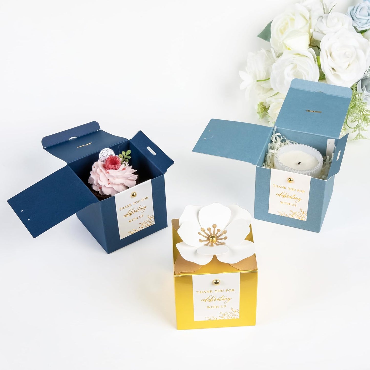 FEIYI 20 PCS Navy Blue Gift Boxes, 3 In 1 Favor Boxes with Floral Decor, White Thank You Tags Cupcake Containers Gift wrapping for Wedding, Baby Shower, Birthday, Decorations Party - 3.55x3.55x3.55