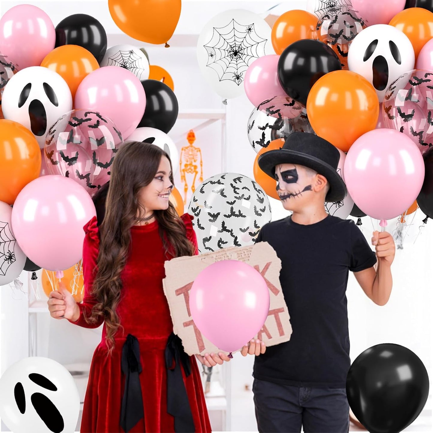 Pink Black Halloween Balloons Set, 50 Pcs White Spider Print Balloons, 12 Inch Pastel Pink Black and Orange Balloon Bat Confetti Balloon for Halloween Girls Night Decorations