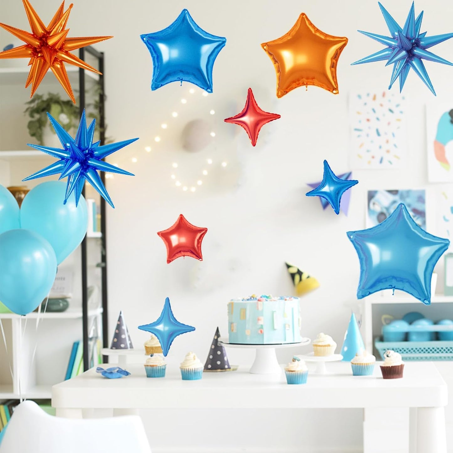 16 Pcs Orange and Blue Star Balloons, 22/18/10 Inch Foil Balloons, Four-Pointed Balloon for Kids Girl Boy Birthday Wedding Baby Shower Magic Party Decorations