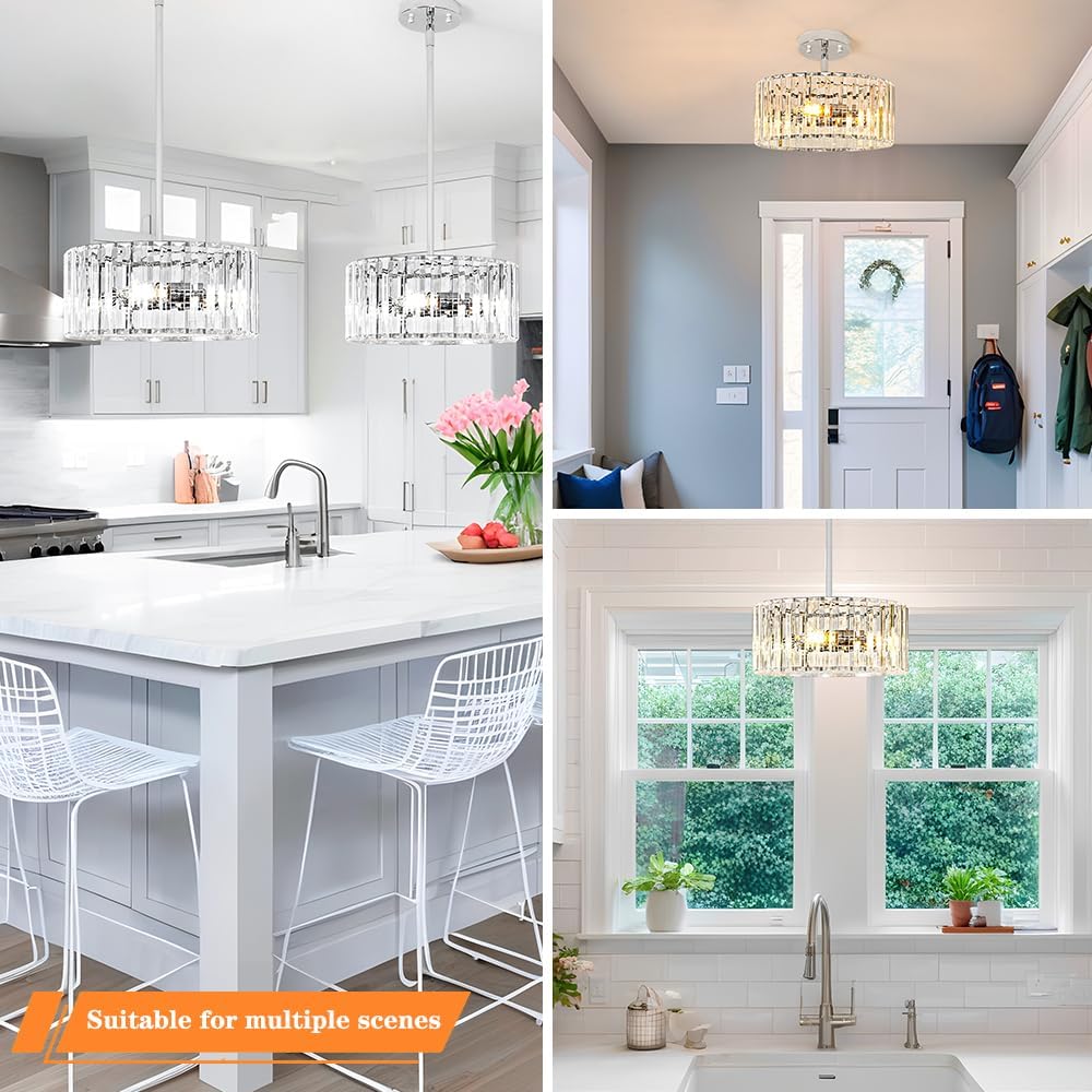 Modern Crystal Chandelier for Dining Room, Chrome Semi Flush Mount Ceiling Light Fixtures, Round Kitchen Hanging Drum Pendant Lights Ceiling, 12” Crystal Pendant Lighting for Foyer Bedroom Living Room