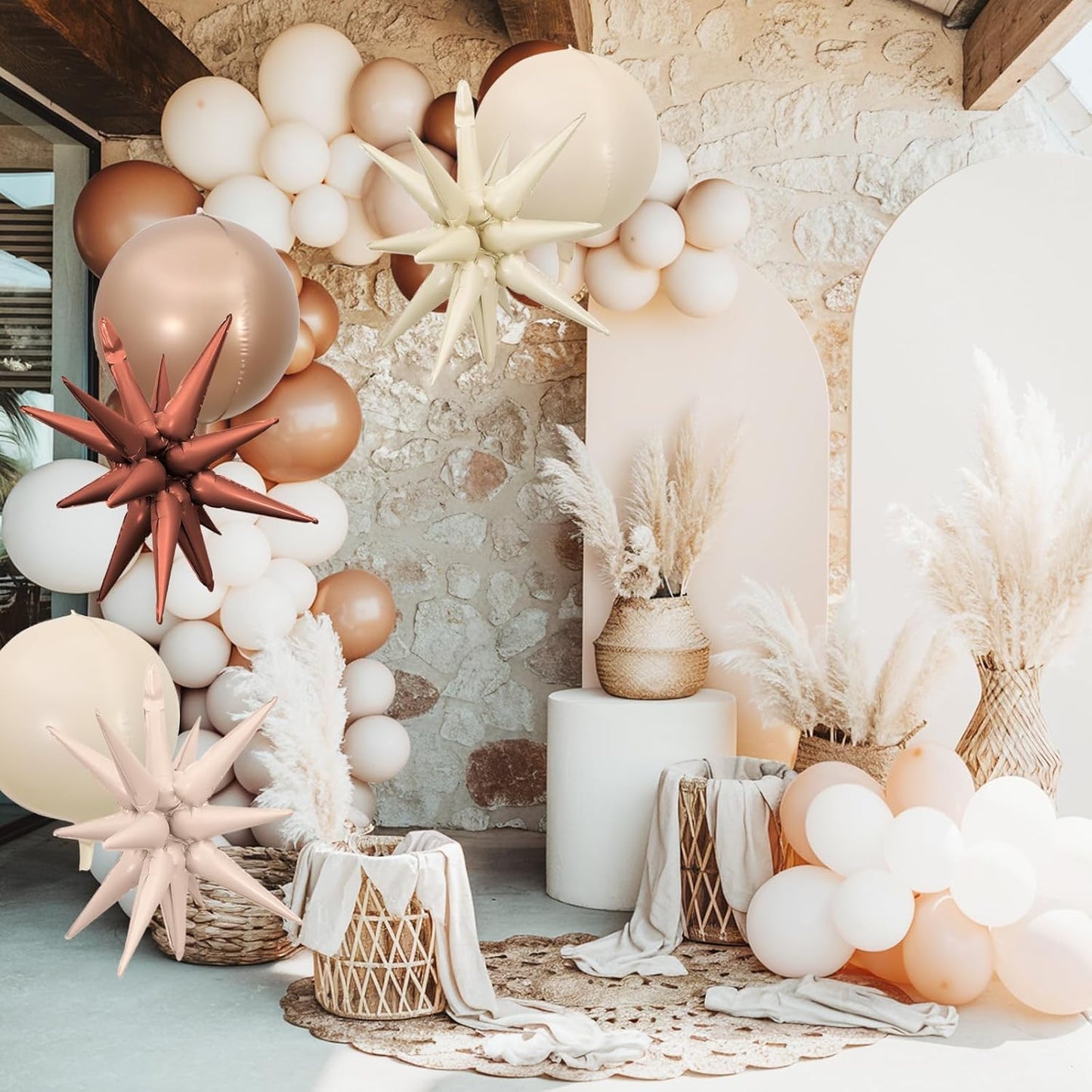 6Pcs Sand White Brown Foil Balloons,22Inch Cream Beige 4D Round Ball Balloon and Explosion Star Balloon for Birthday Wedding Baby Shower Anniversary Decorations