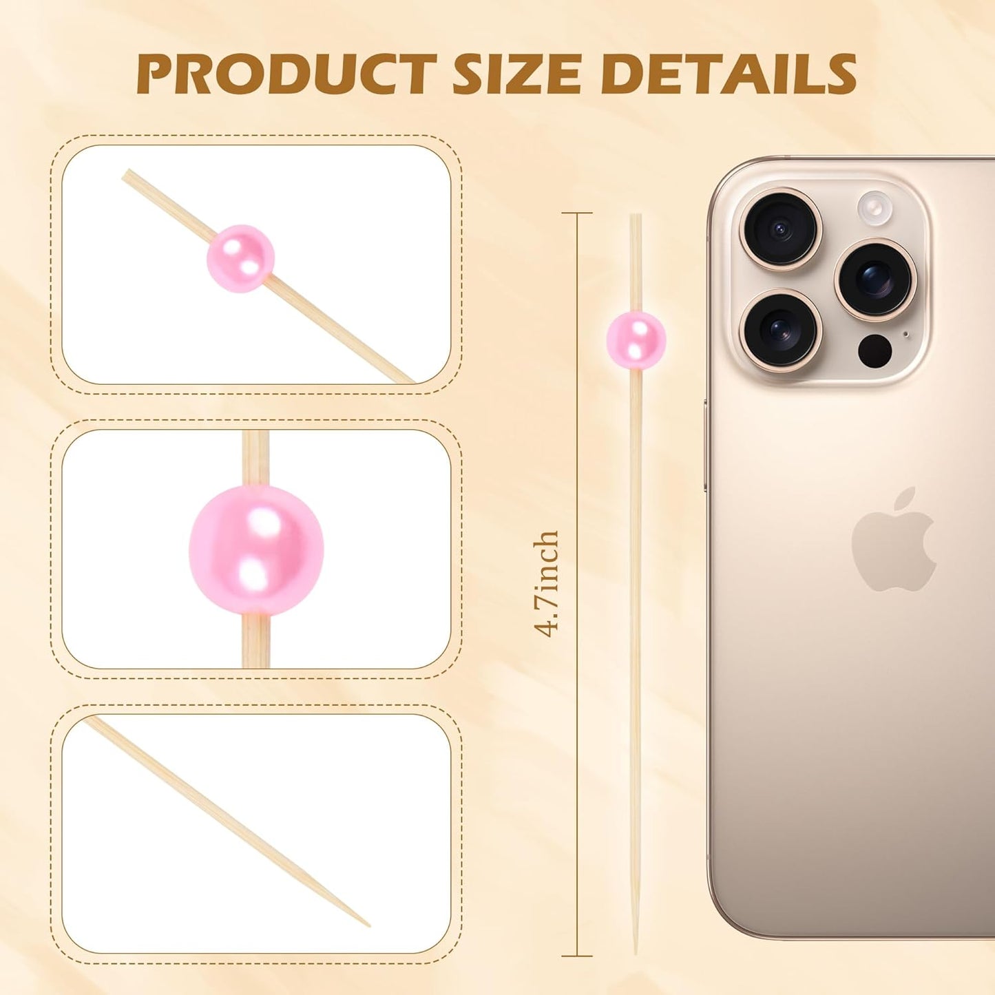 300Pcs Fancy Toothpicks for Appetizers,4.7Inch Pink Pearl Cocktail Picks For Drinks,Bamboo Appetizer Skewers for Charcuterie Boards Accessories,Martini, Sandwich,Desserts,Fruit,Pink Party Decorations