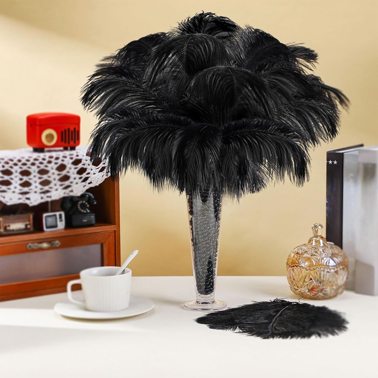 Yuxung 6 Sets Wedding Table Centerpiece Accessories Including 159 Pieces Natural Ostrich Feather Bulk Plastic Vases and Beads Necklaces for Wedding Home Party Centerpiece Supplies(Black)