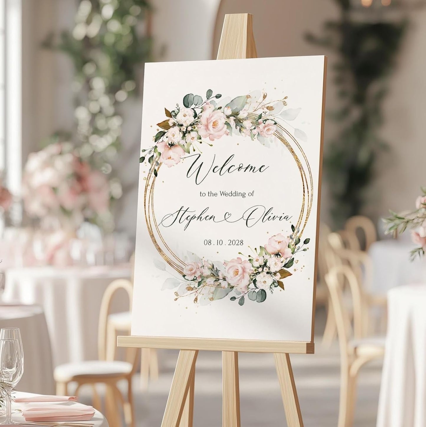 Personalized Wedding Welcome Sign, Gold Circle Pink Flowers Wedding Sign Signage 12" X 18" (Small), 27" (Medium), 36" (Large), Plastic, Modern, Pole Mount, Weather