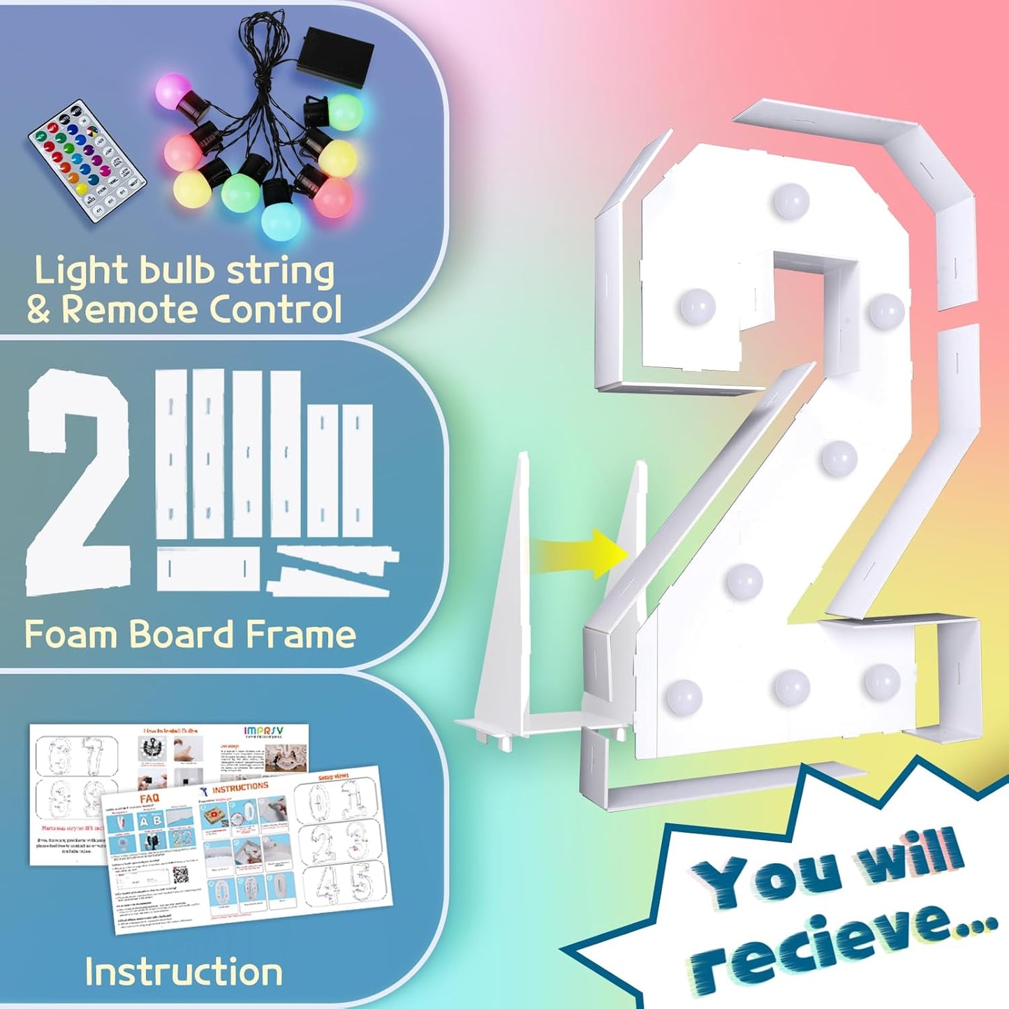 imprsv 3FT Colorful Marquee Numbers,18 Colors Number 2 with Remote, Light Up Numbers Sign for 12th 20th Birthday Anniversary Party Decor, Pre-Cut Foam Board Ki, Mosaic Numbers for Balloon