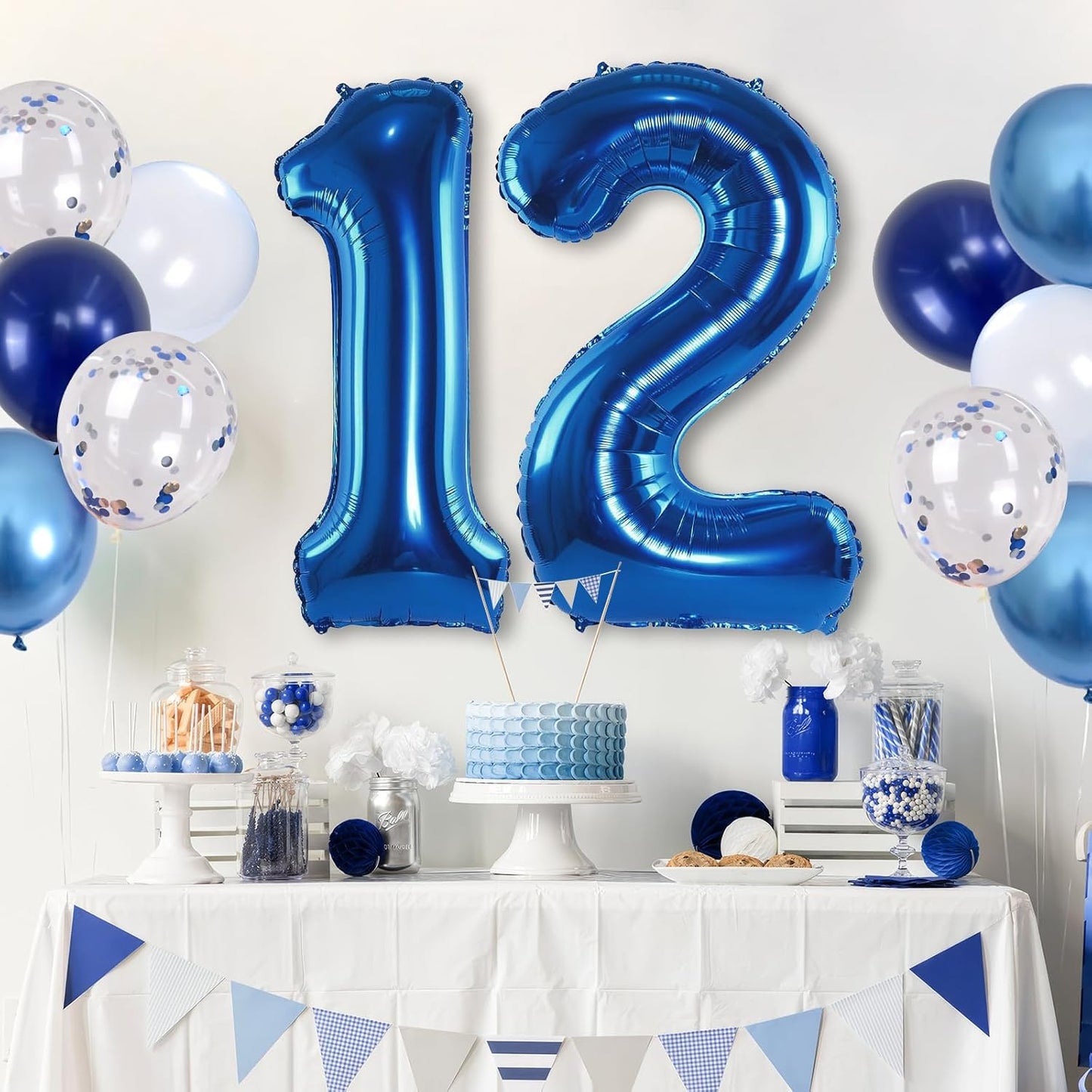 Navy Blue 12th Birthday Giant Self Inflating Number 12 Balloon, Metallic Dark Blue Silver Confetti Foil 40 Inch Helium Balloon for Boys Birthday Party Women Anniversary Decor
