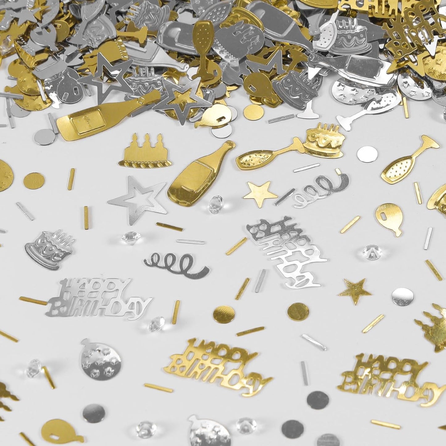 VHUWE Happy Birthday Confetti, 1.6 oz Champagne Gold Silver Cake Balloon Star Goblet Bottle Swirl Glitter Confetti for Boys Girls Kids Women Men Happy Birthday Party Table Decorations Supplies
