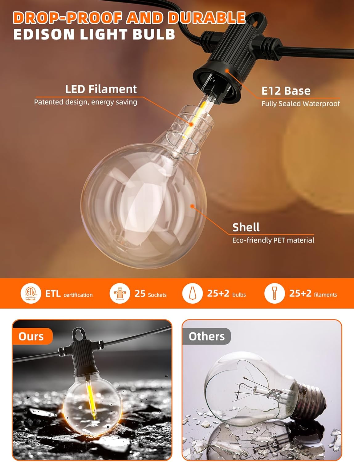 Kawaya Solar Powered String Lights for Outside, Outdoor IP65 Waterproof LED Patio Light with USB-Charging, Shatterproof Edison Hanging Lights for Bistro Yard Cafe Porch Camping (Solar-Powered 50FT)