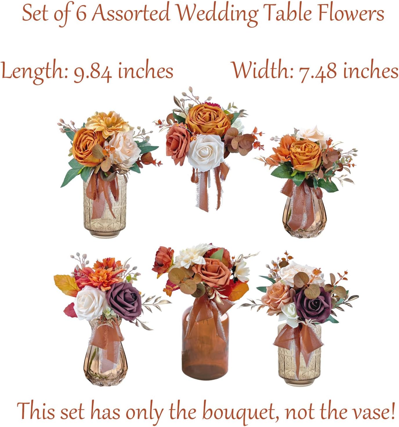 CherishedMoments Set of 6 Assorted Flower Centerpieces Mini Floral Wedding Flowers Set for Fall Wedding Table Centerpieces Decoration, Burnt Orange Bouquets and Home Decor