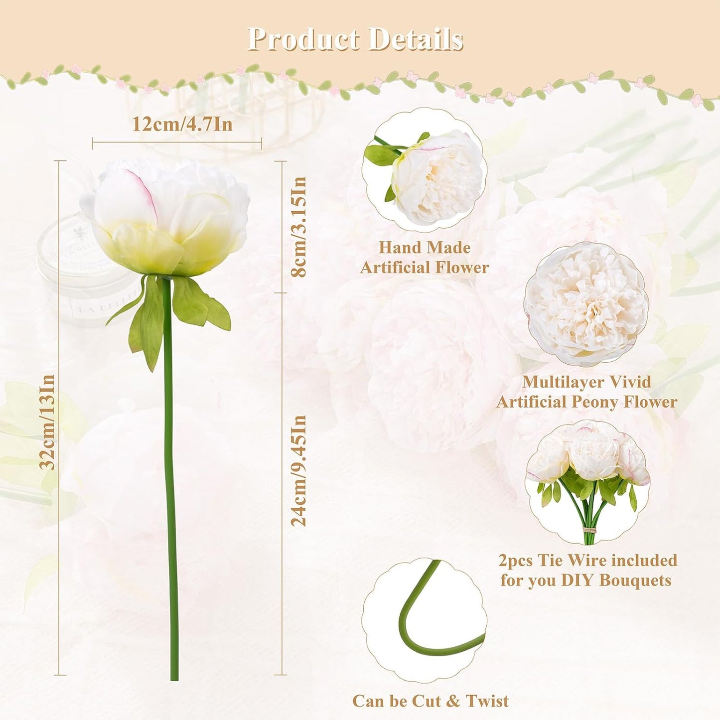 U'Artlines 20 Heads Artificial Peony Silk Flower Leaf Home Office Wedding Party Festival Bar Decor (Cream White)