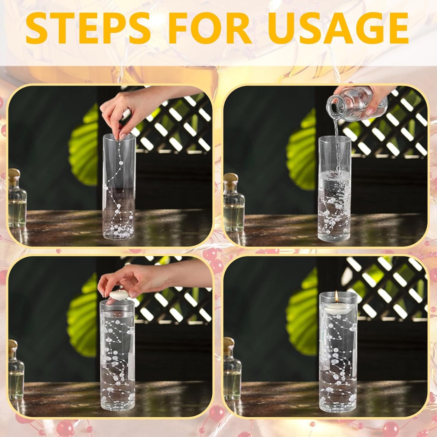 100 PCS Artificial Floating Beads for Centerpieces Vases, Gold 8+3mm String Beads for Wedding Party Faux Pearl String for Decorating, String Pearls for Crafts Vase Filler