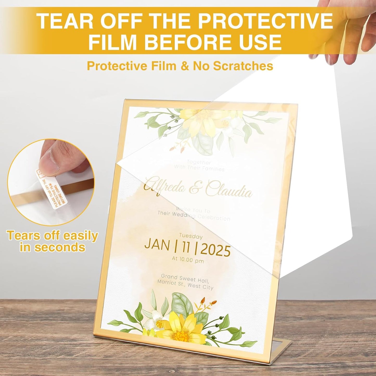 EHWINE 12 Pack 5 x 7 Acrylic Sign Holder, Clear Plastic Signs Display Stand, Gold Slanted Back Paper Holder Stand up Table Top Sign Holders Flyer Stand Frames Suitable for Office Business Store