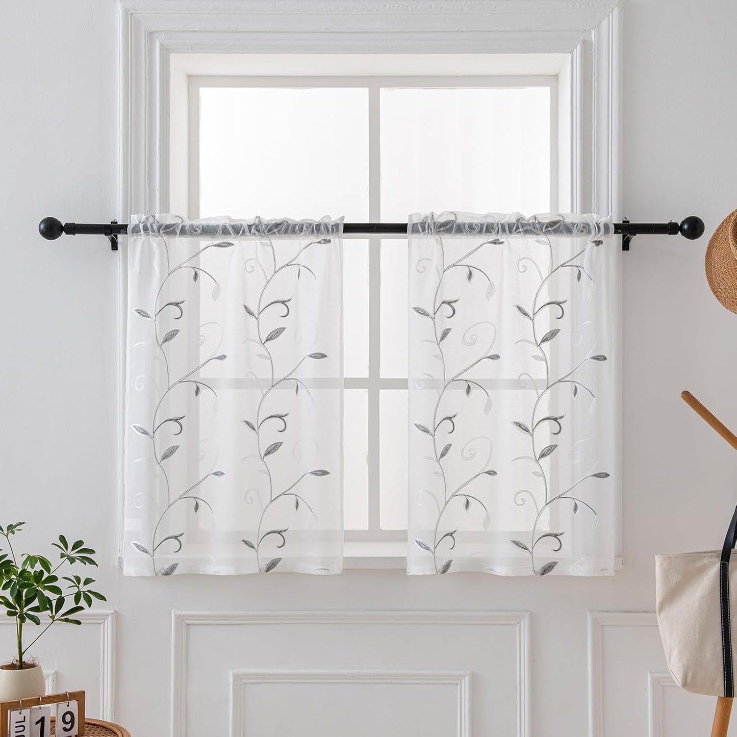 VISIONTEX White Sheer Voile Curtains, Decorative Leaves Embroidery Faux Linen Rod Pocket Window Drapes for Home Kitchen, Living Room and Bedroom 26 x 36 Inch, Set of 2 Curtain Panels