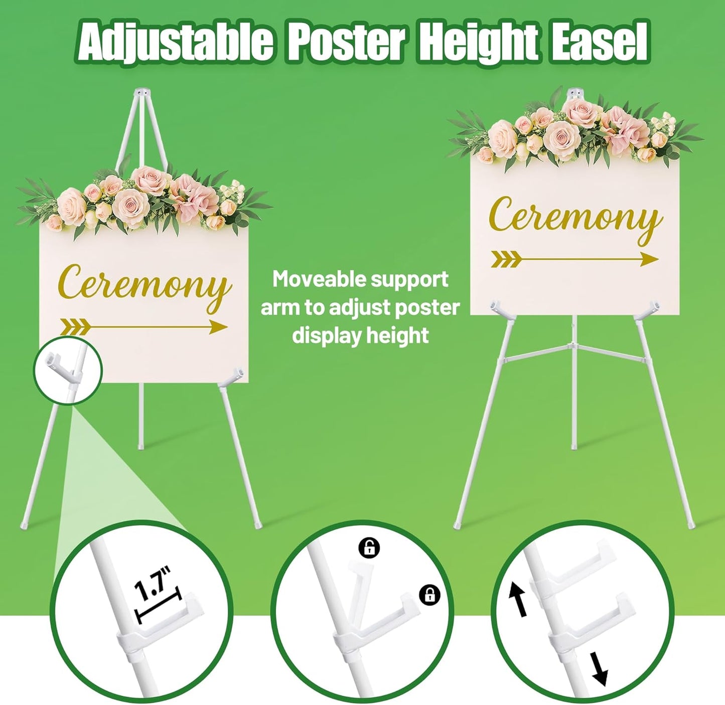 6 Pack White Easel Stand for Sign - 63" Adjustable Folding Floor Easels for Wedding Sign, Welcome Sign, Poster, Picture, Painting - Lightweight Portable Display Easels with Bags, Holds 5 lbs