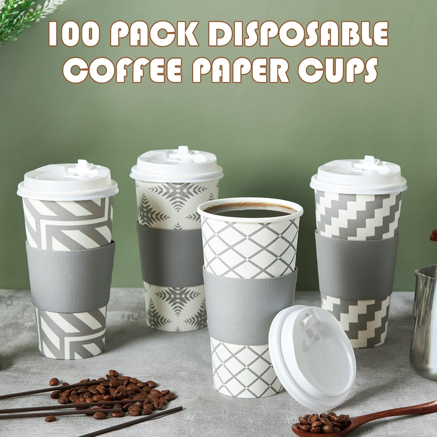 LITOPAK 100 Pack 20 oz Paper Coffee Cups with Lid, Sleeve, and Straws, Four Designs of Disposable Hot Coffee Cups for Home, Stores, and Cafes