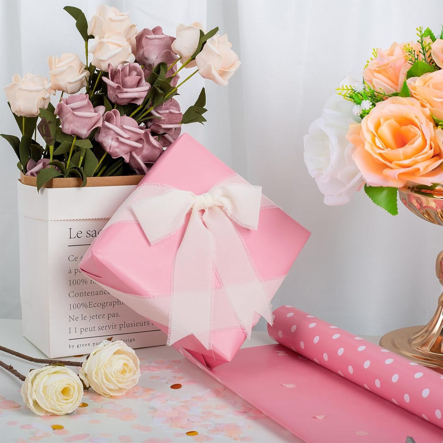 Flyhill Pink Wrapping Paper Roll,Reversible Gift Wrap Paper with Polka Dot Design for Girls,Birthday,Wedding,Baby Shower,All Holidays(17 Inch X 32.8 Feet)