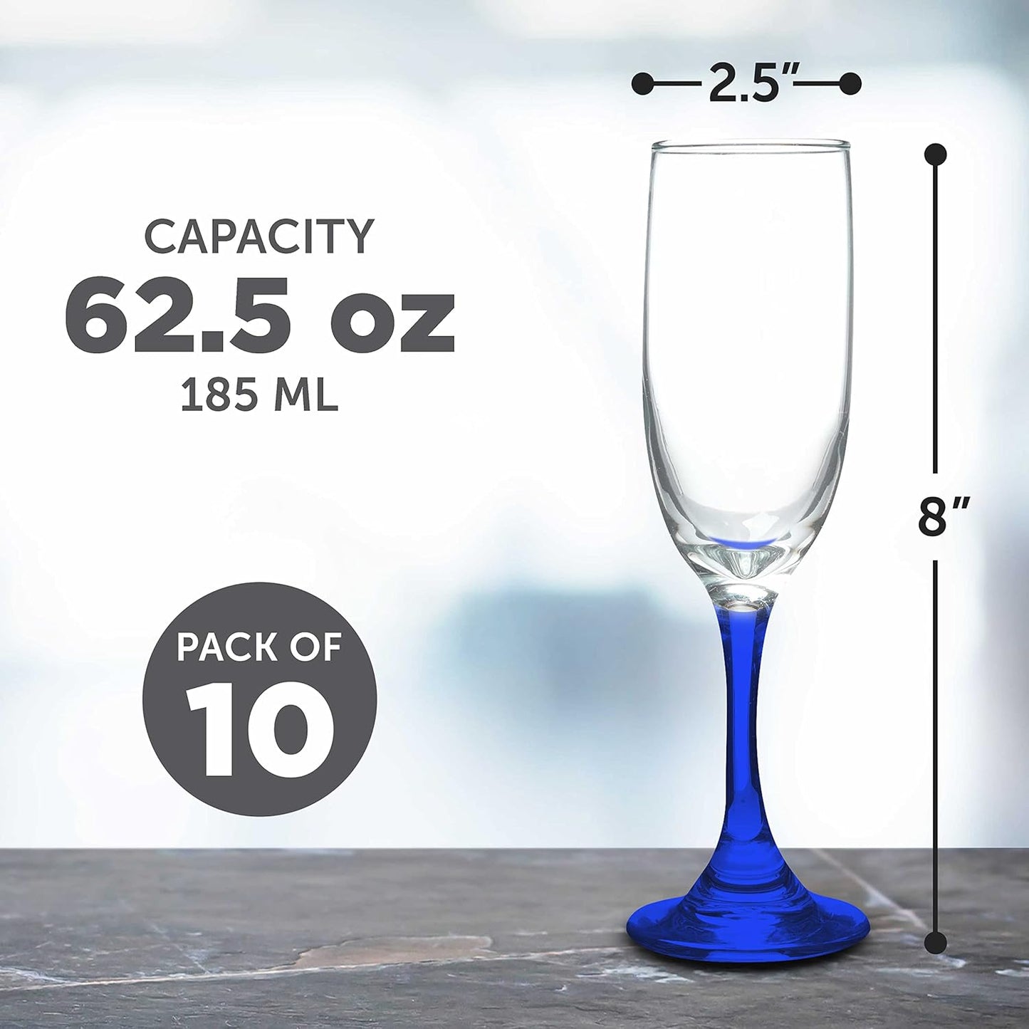 DISCOUNT PROMOS Premiere Champagne Flutes 6.25 oz. Set of 10, Bulk Pack - Elegant Drinkware for Weddings, Events, & Promotional Gifts - Blue