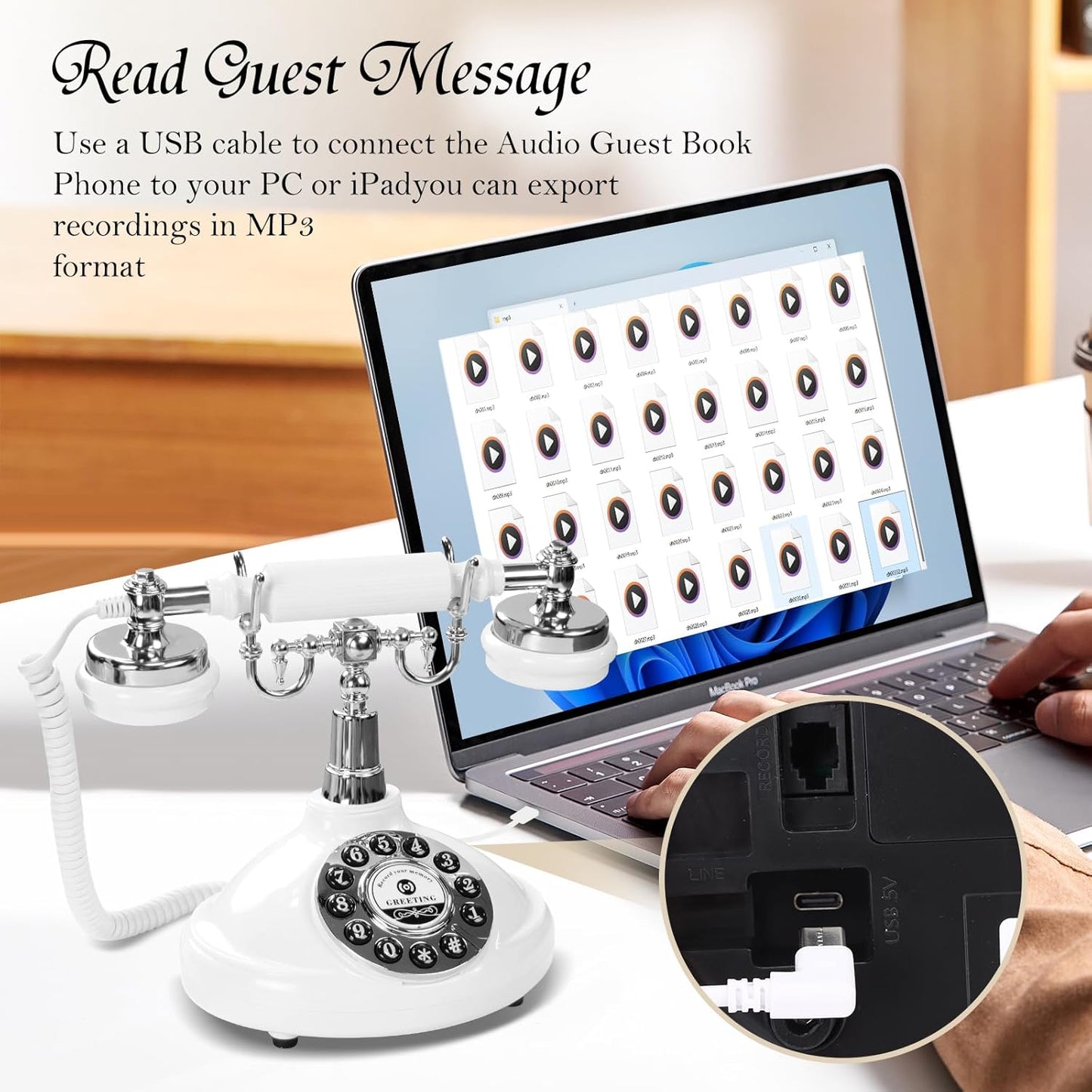 Audio Guest Book Wedding Phone,Audio Guestbook Phone Vintage Style Audio Message Voicemail for Graduation Retirement Party Birthdays Baby Shower Special Occasions (White)