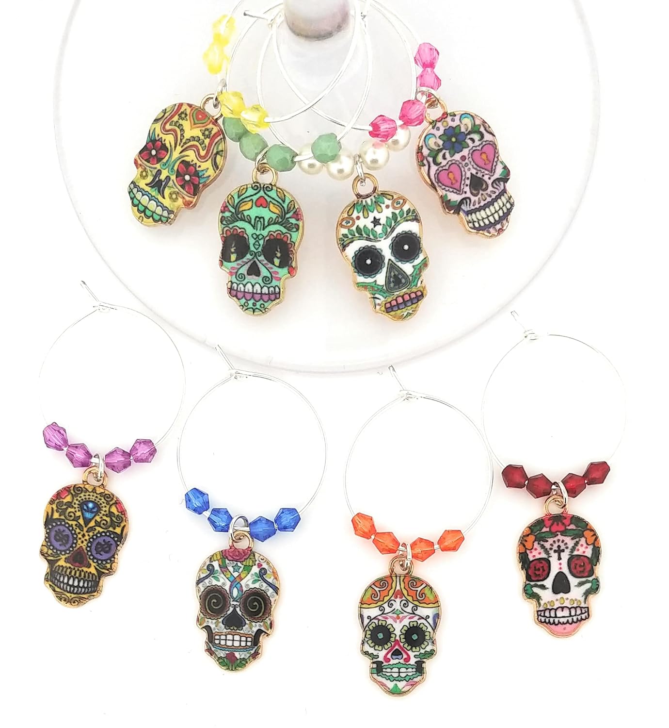 Cinco De Mayo Skull Wine Charms - Day Of The Dead Sugar Skull Glass Identifier Tags - Halloween Glass Markers - Party Table Setting Supplies - 8 Wine Charms/pack