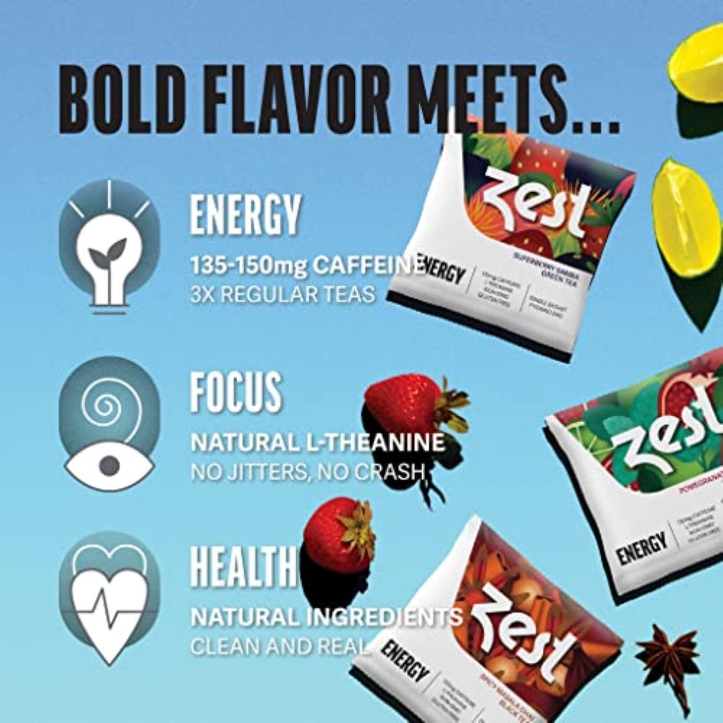 Zest 135-150mg High Caffeine Energy Leaf Blends - Variety Mini Sampler Pack - Black Tea & Green Tea - 6 Tea Bags - Natural Strong Flavored Healthy Coffee Alternative Highly Caffeinated Keto Substitute