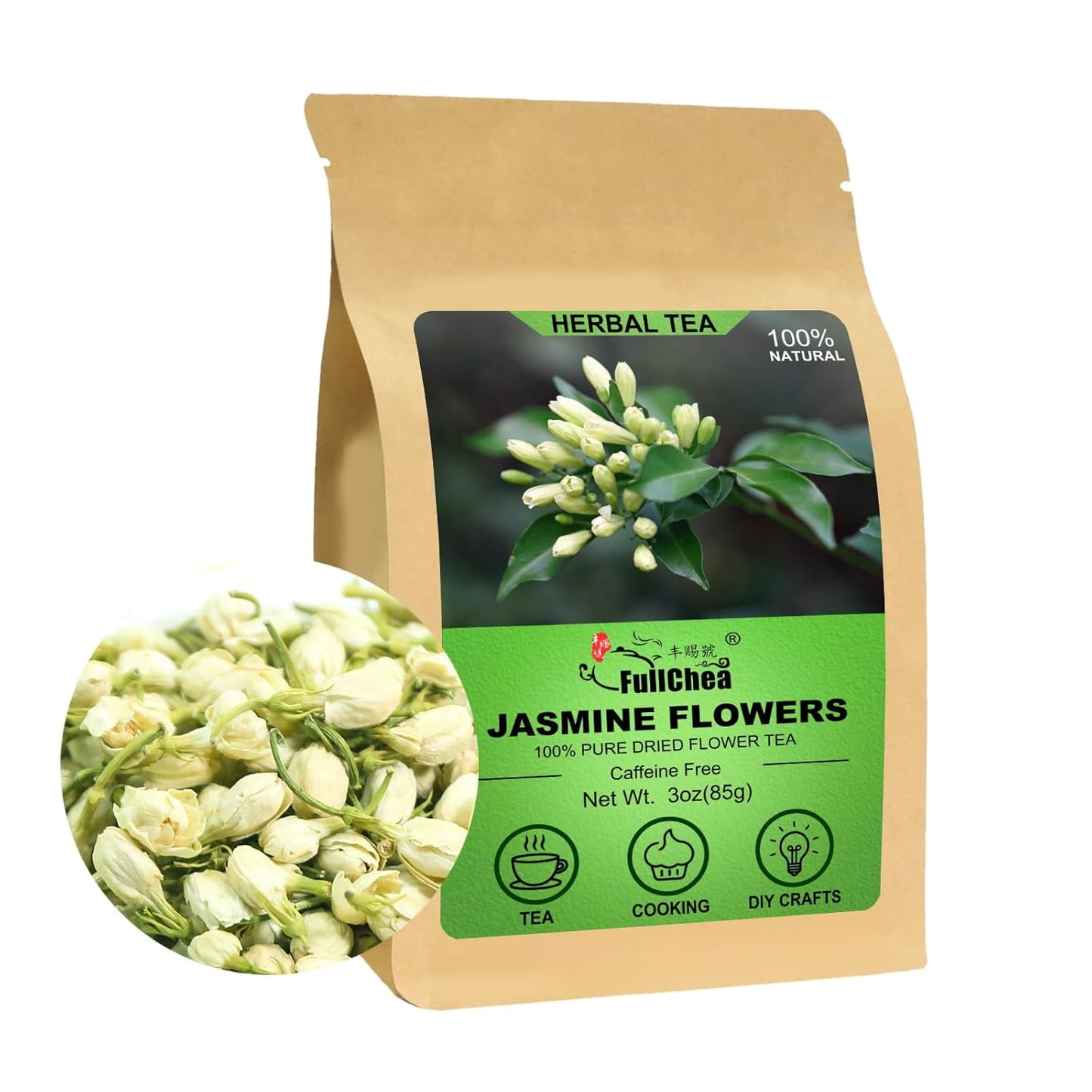 FullChea - Dried Jasmine Flowers, 3oz/85g - Premium Edible Flowers Whole Buds - Non-GMO - Caffeine-free - Perfect For Tea