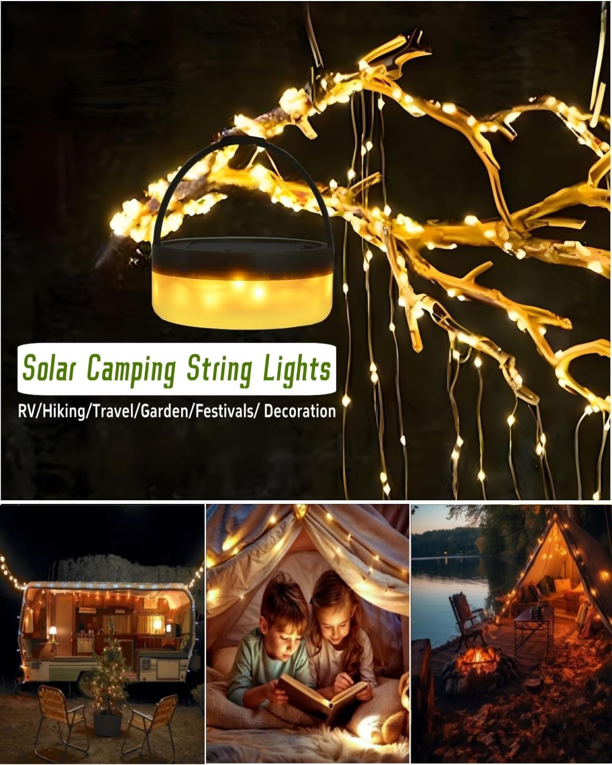 Solar Camping String Lights, 39.4FT Fairy String Lights 150LEDs, Portable Waterproof Camp Lamp with 8 Lighting Modes, Hanging Rechargeable Tent Lantern for Garden Party Christmas Decor-Remote Control