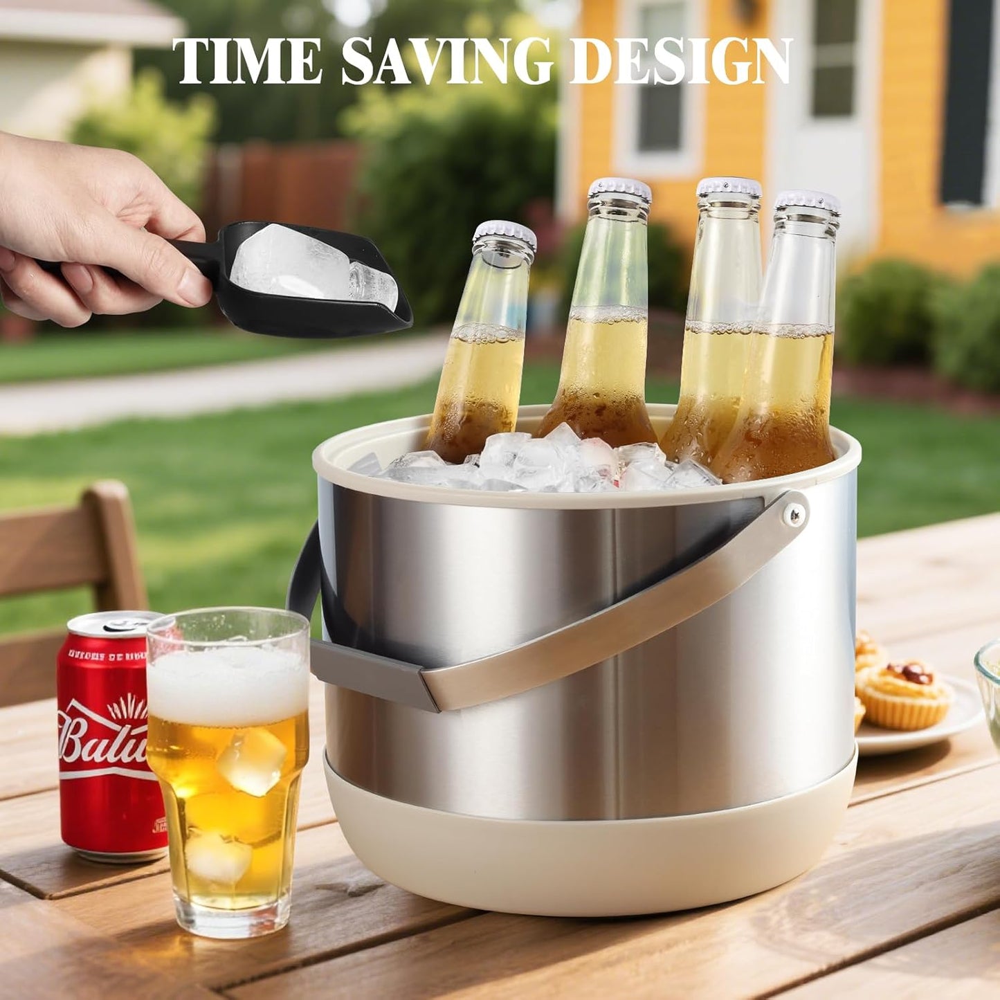 5Quart/4.8L Insulated Ice Bucket with Scoop & Lid, Double-Wall Ice Bucket,Large Party Bucket BPA Free for Cocktail Bar, Champagnes (White)