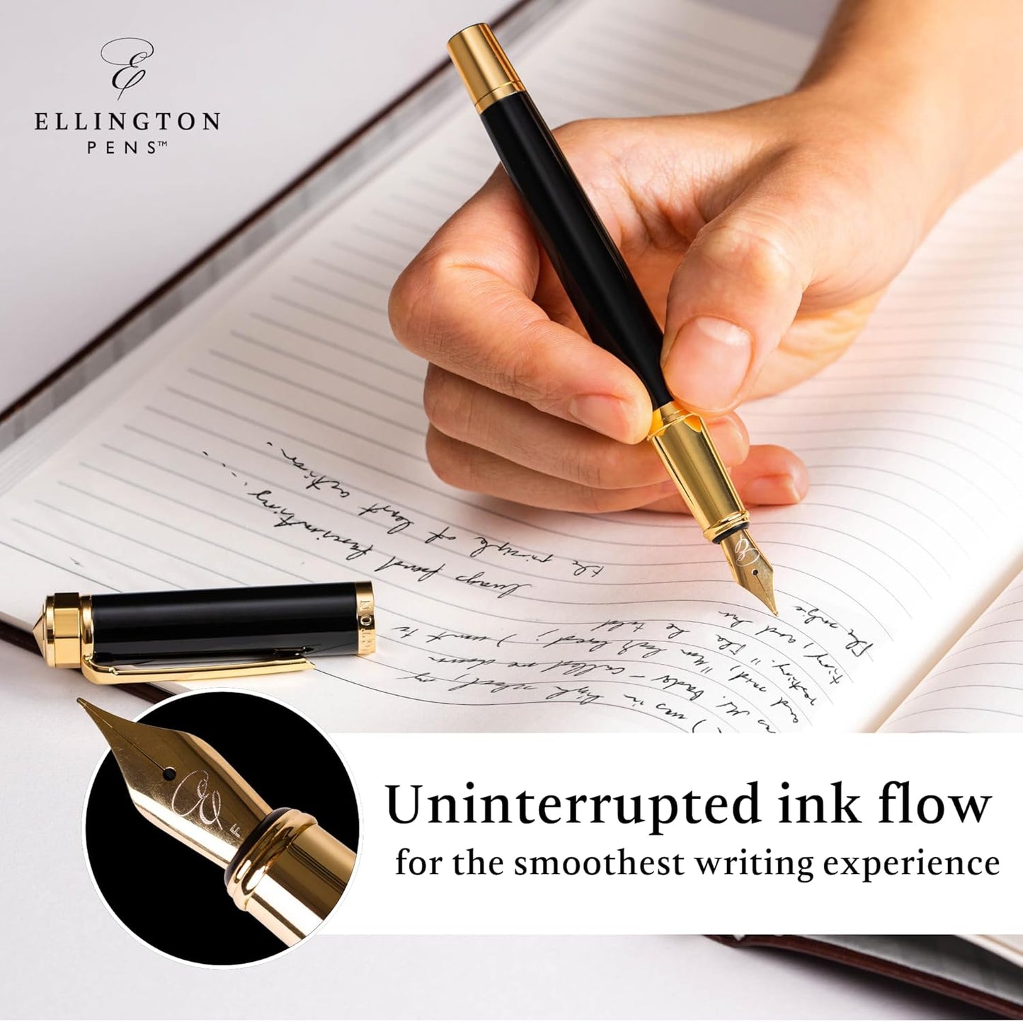 Ellington Pens Luxury Fountain Pen Set- Fountain Pens for Writing - Smooth Extra Fine Nib - Includes Refillable Ink Converter, 3 Ink Cartridges [Black & Blue], Gift Box - Elegant Calligraphy