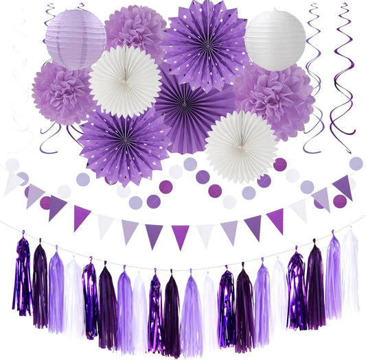 Purple-White Lavender Women-Girl Birthday Party-Decorations - 33pcs Paper Lanterns Fans,Streamers Tassel Garland Banner,Tissue Pom Poms,Baby Bridal Shower Wedding Bachelorette Graduation Decor Hugtmr