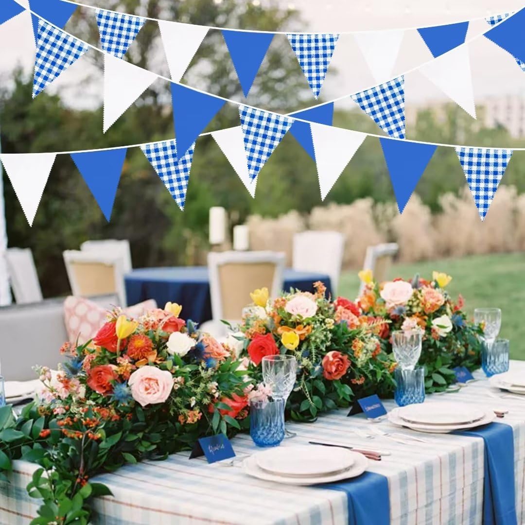32Ft Deep Blue Party Decorations Blue Buffalo Plaid Checkered White Triangle Flag Gingham Pennant Bunting Fabric Garland for Picnic Racing Car BBQ Birthday Wedding Outdoor Garden Oktoberfest Decor