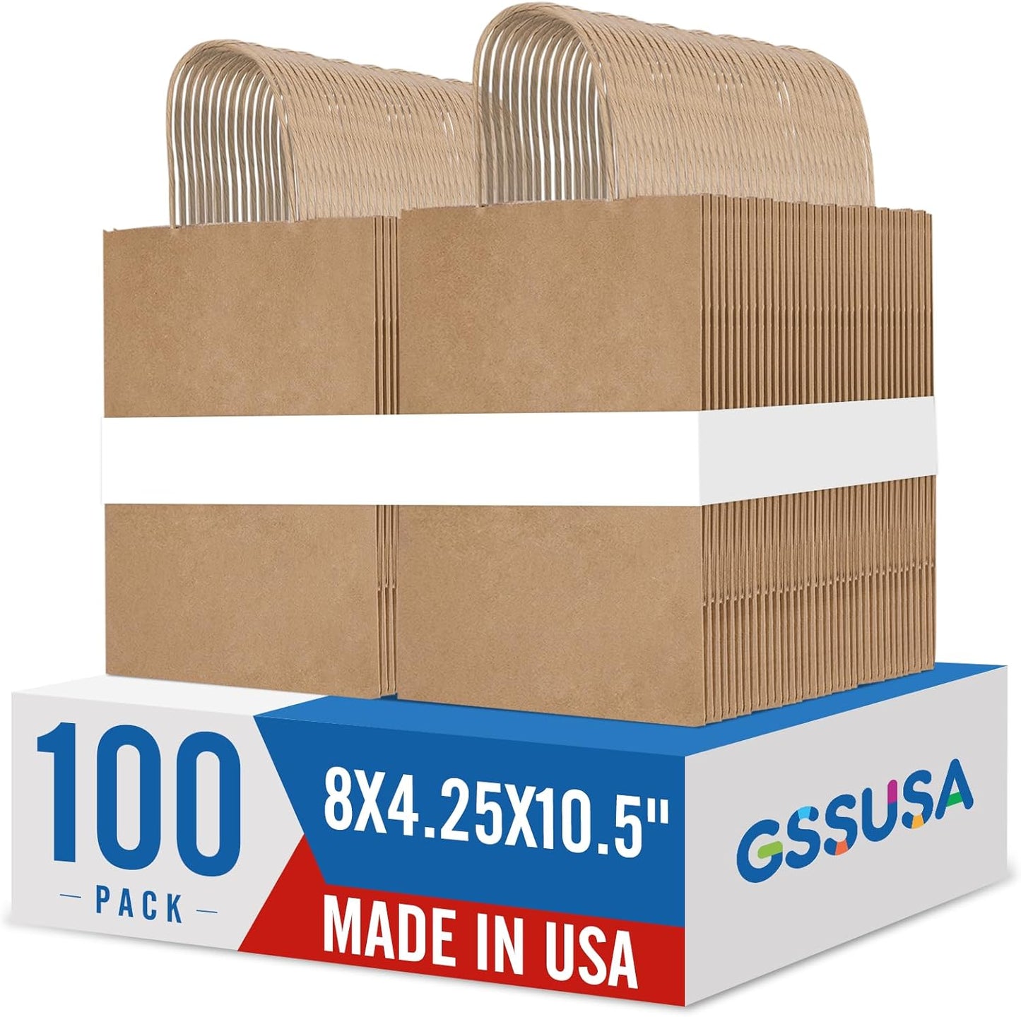 GSSUSA 100 Pack 8x4.25x10'' Paper Gift Bags with Handles Bulk, Brown Kraft Bags for Small Business, Sturdy Retail Shopping, Birthday Wedding Party Favor Craft Bag(Made in USA)