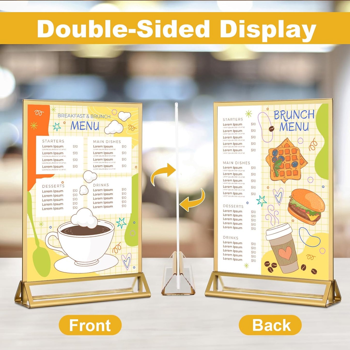 EHWINE 2 Pack Acrylic Sign Holder 5 x 7, Double Sided Gold Picture Frame Stand up Table Top Sign Holders, Clear Display Stand Menu Flyer Holder for Wedding Party