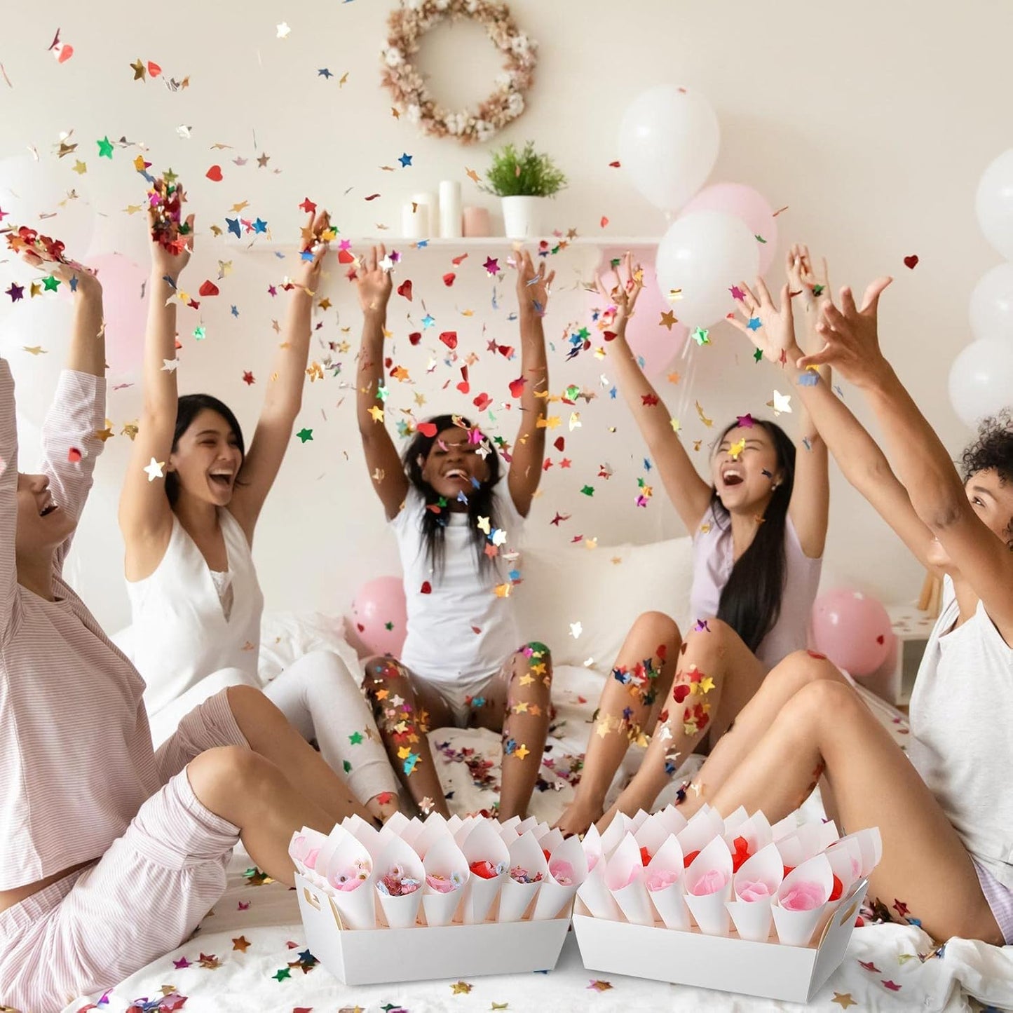 6 Set Wedding Confetti Cone Holder Box Each Includes 30 Pieces of Cone Papers and 30 Holes for 30 Confetti Cones Box Party Confetti Cone Kraft Stand Tray Box for Wedding Party Candy Flower(White)