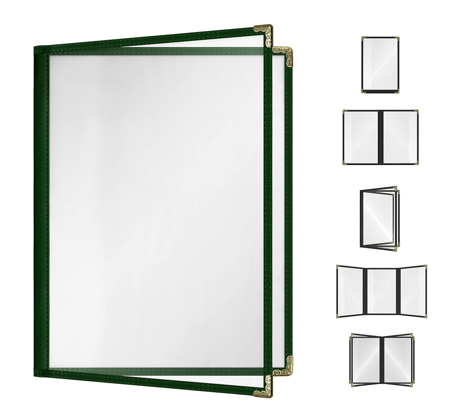 Goodsmart Restaurant Menu Covers - 25 Pack Green2-Page/4-View 8.5" x 11", Side-Loading Vinyl Menu Holders, Clear Sleeves, Double-Stitched Edge, Leather-Style Café Menu Covers with Gold Corners