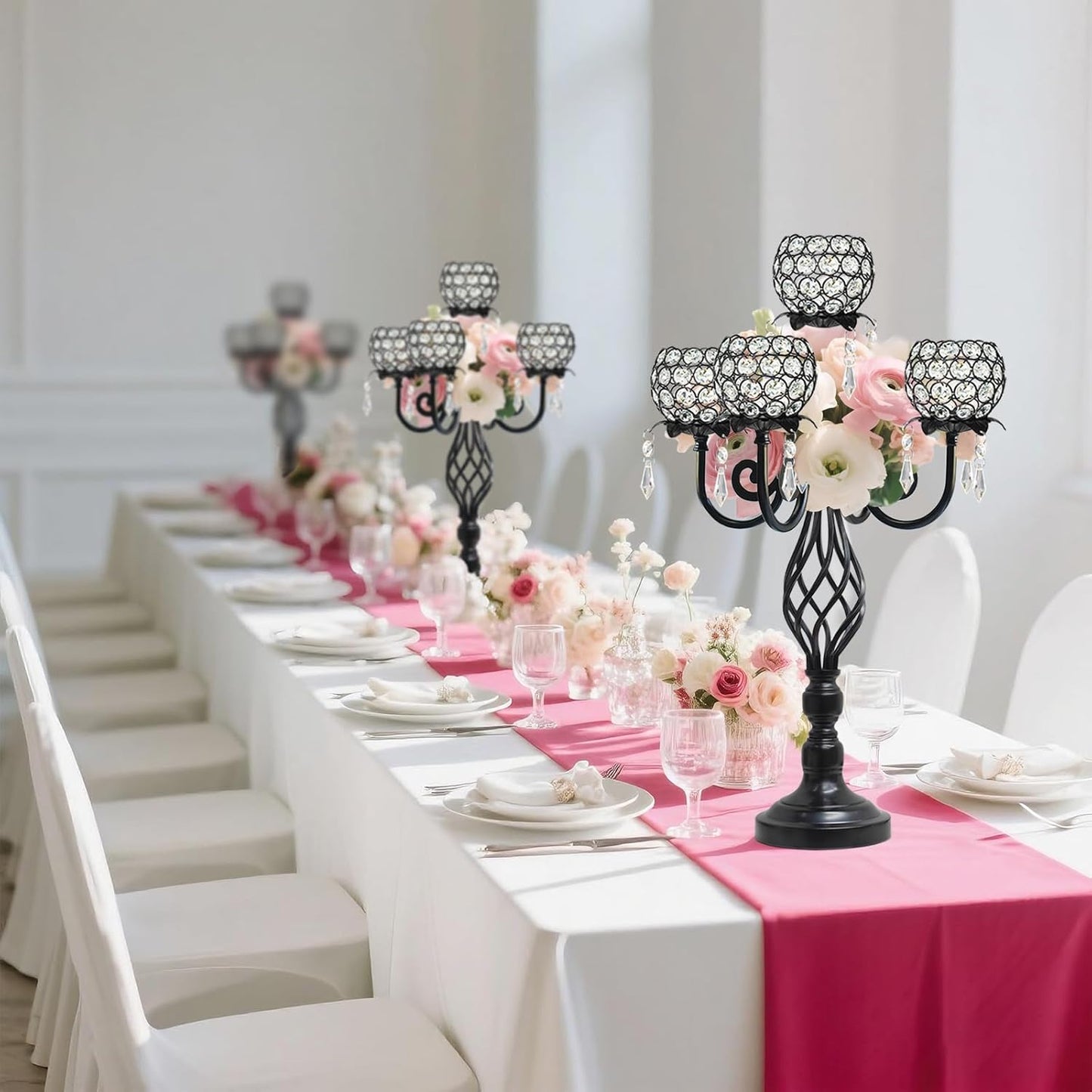 5-Arm Crystal Candelabra Centerpiece 23.2" Tall - Elegant Candle Holder Stand with Crystal Bowl, Chic Table Decor for Weddings, Parties, Anniversary & Home Decoration (2, Black)