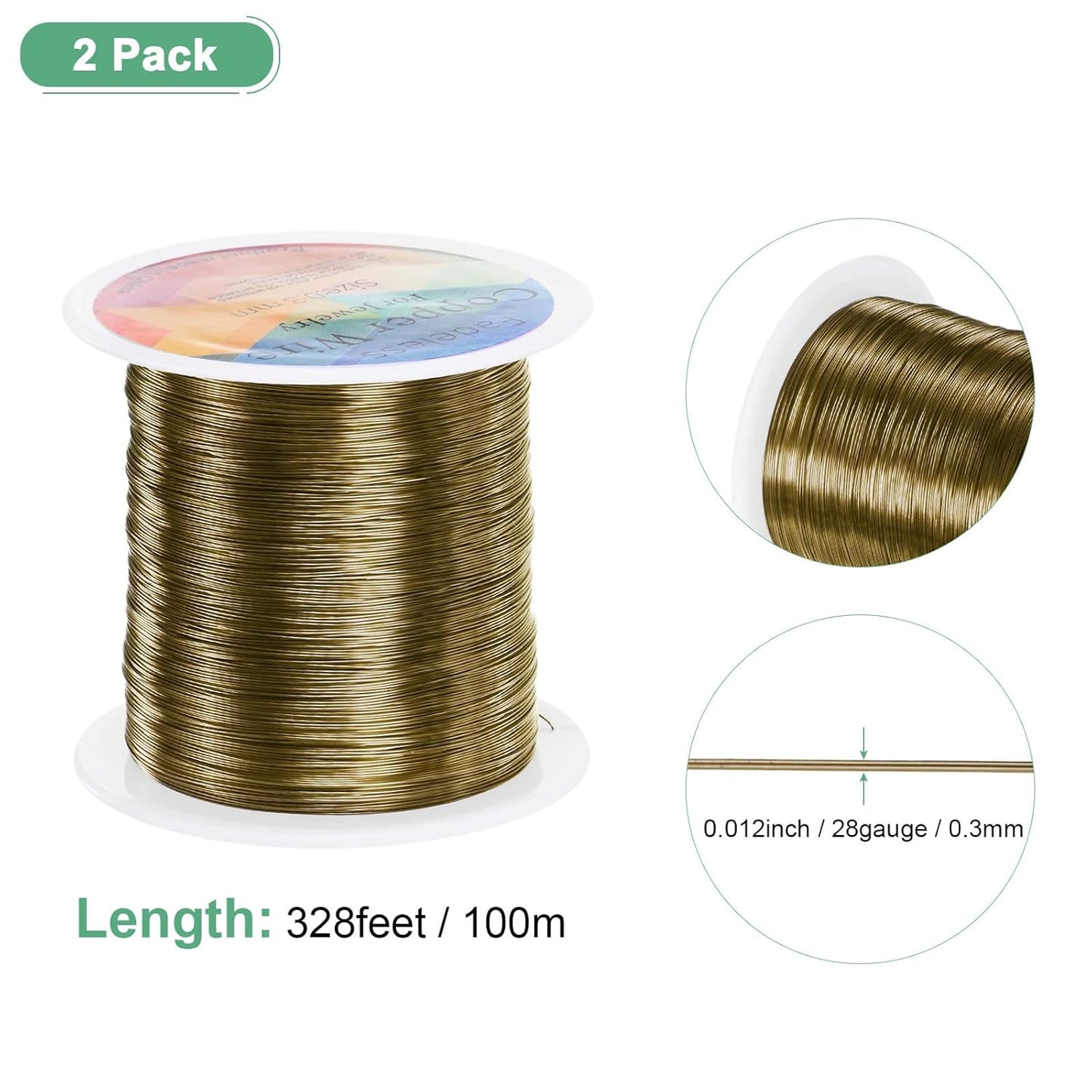 2-Rolls 0.3mm Jewelry Wire, 28 Gauge 328FT Craft Wire Copper Beading Wire for Jewelry Making/Planting/Weaving/DIY Crafting, Soft Metal Wires [100M, Bronze Tone]