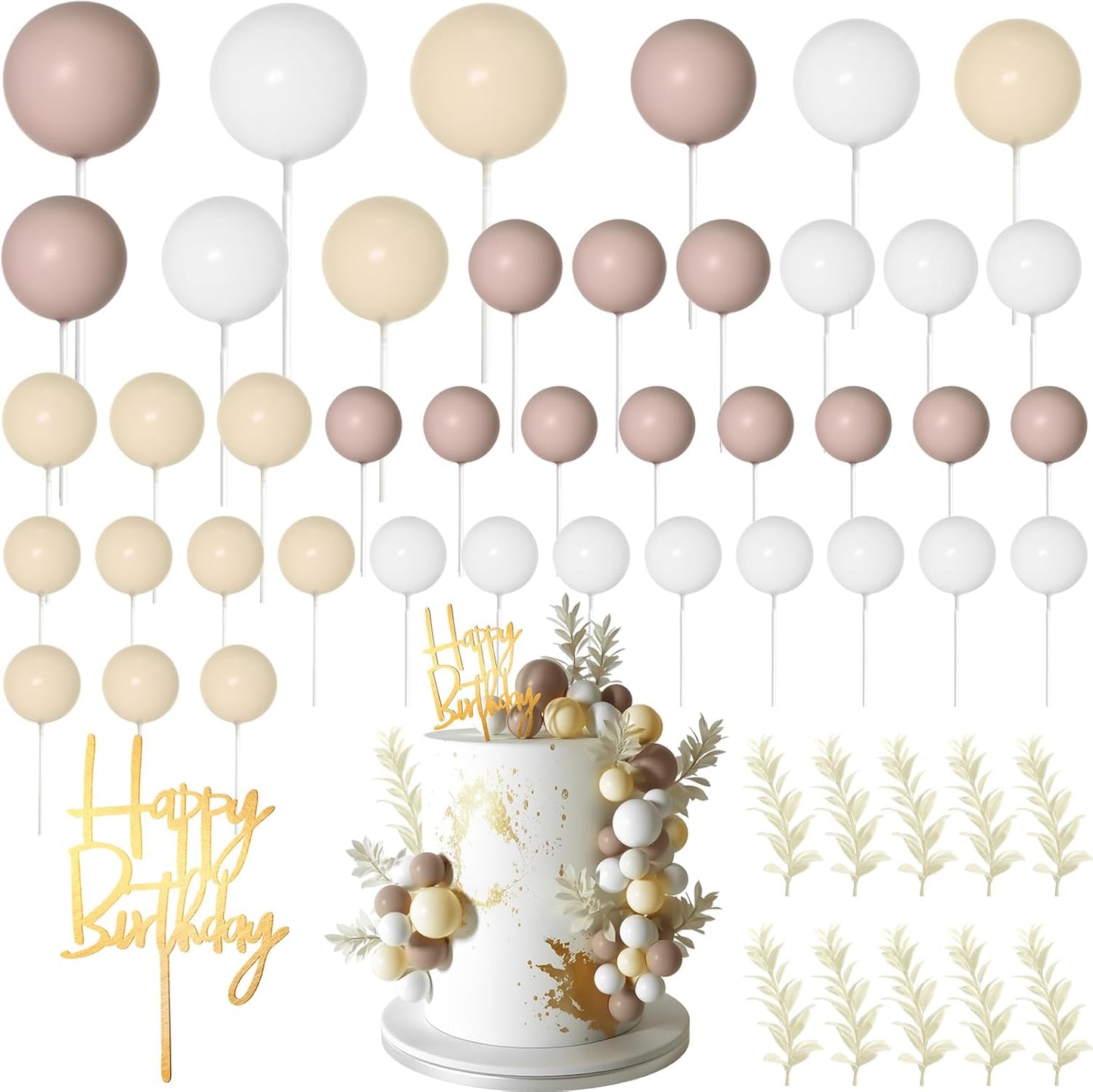 MIAHART Ball Cake Toppers Boho Grass Cake Topper Ball Cake Insert Decoration for Birthday Wedding Baby Shower Party Decorations Boho Themed Party Supplies (Khaki，white，ivory white)