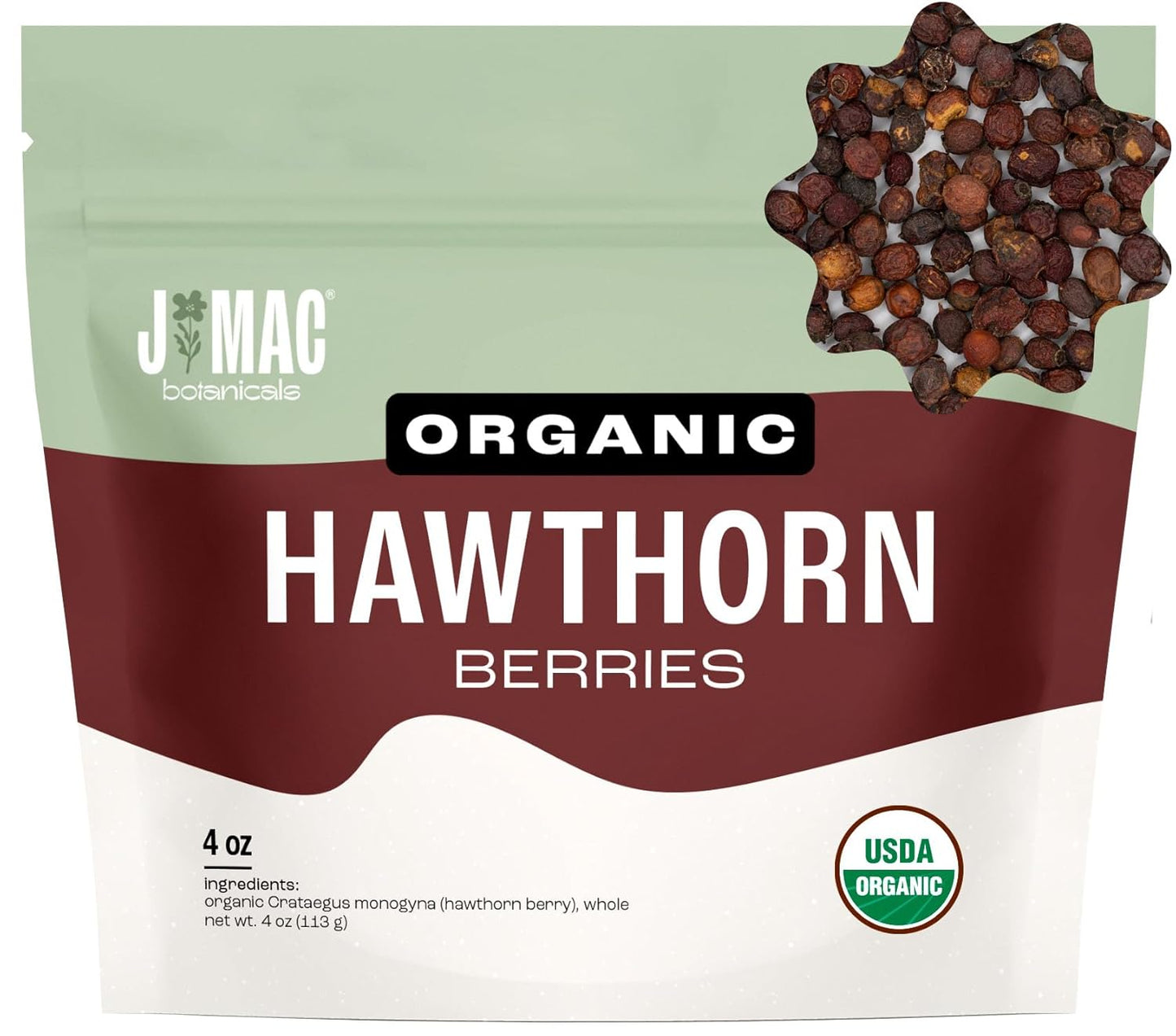 J Mac Botanicals, Organic Dried Hawthorn Berries Whole (4 oz) Hawthorn berry from Eastern Europe, certified Organic hawthorn berry tea, Hawthorne berries bulk resealable bag, Dried Hawthorn berries