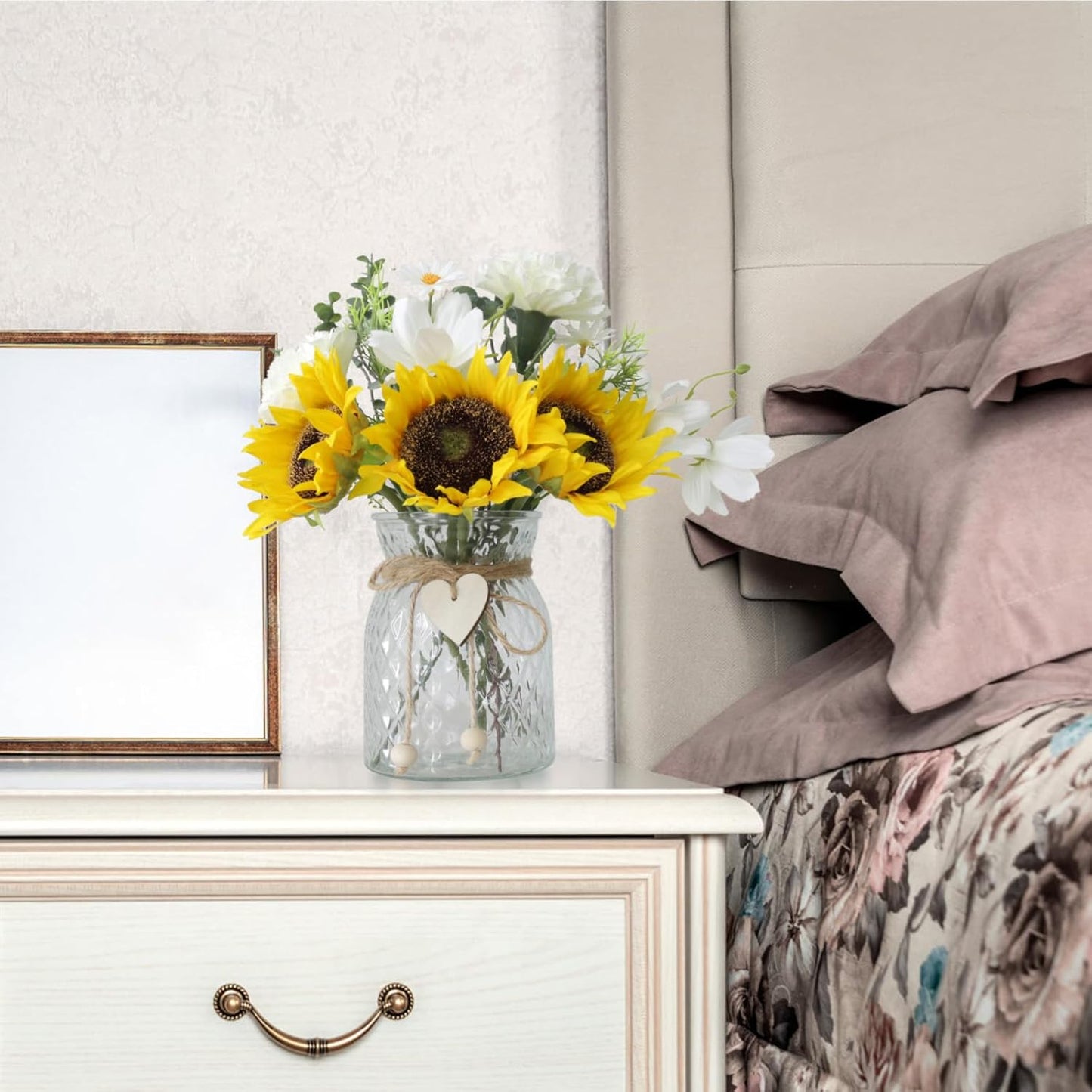 Artificial Sunflower Bouquets in Vase with a Flower Arrangement Holder - Centerpieces for Dining Room & Coffee Table Decor