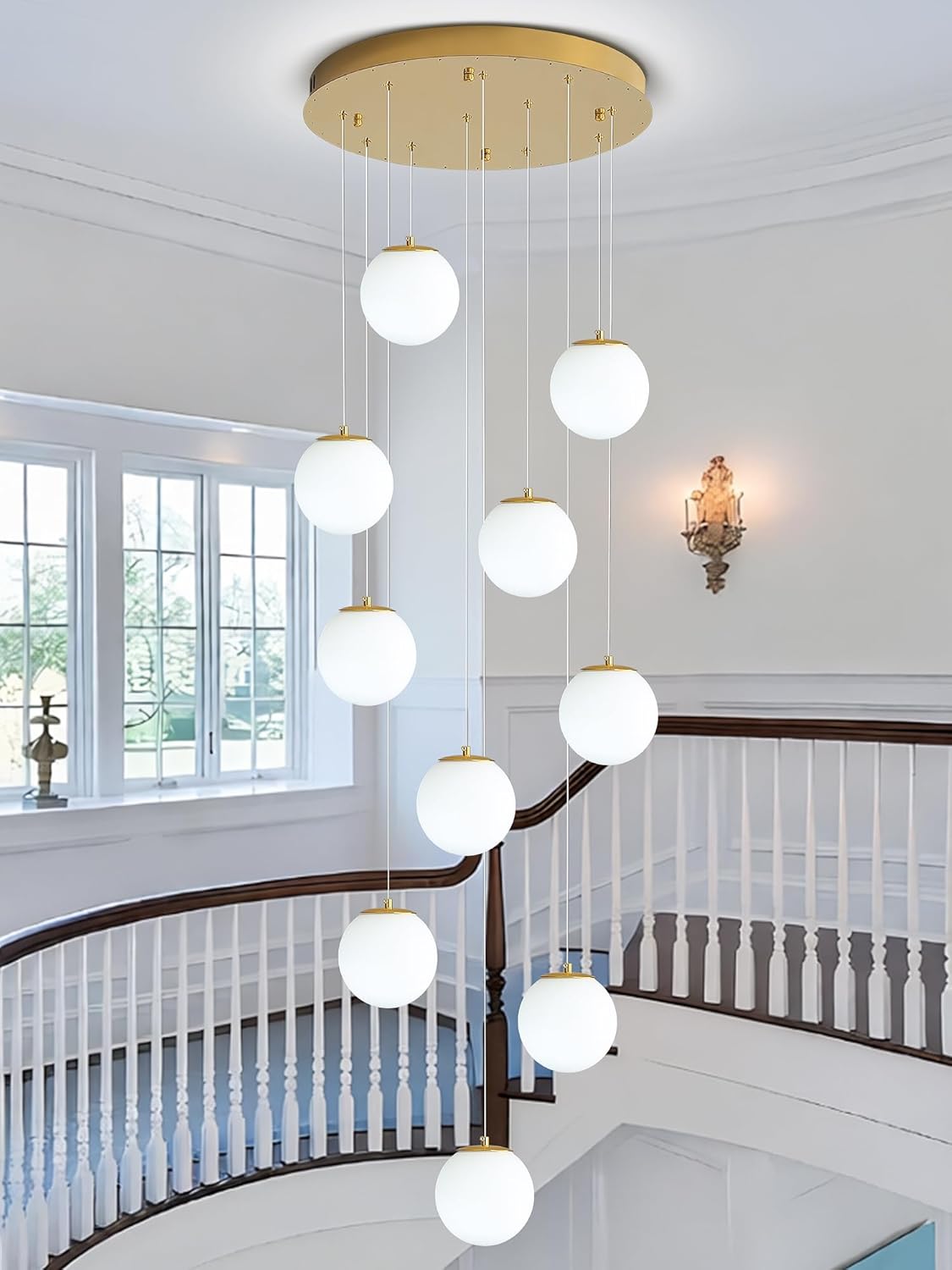 H118 Large Chandeliers for High Ceilings,12-Lights Mid Century Globe Chandelier Gold Modern Globe Pendant Light for Entryway Villas and Stairs