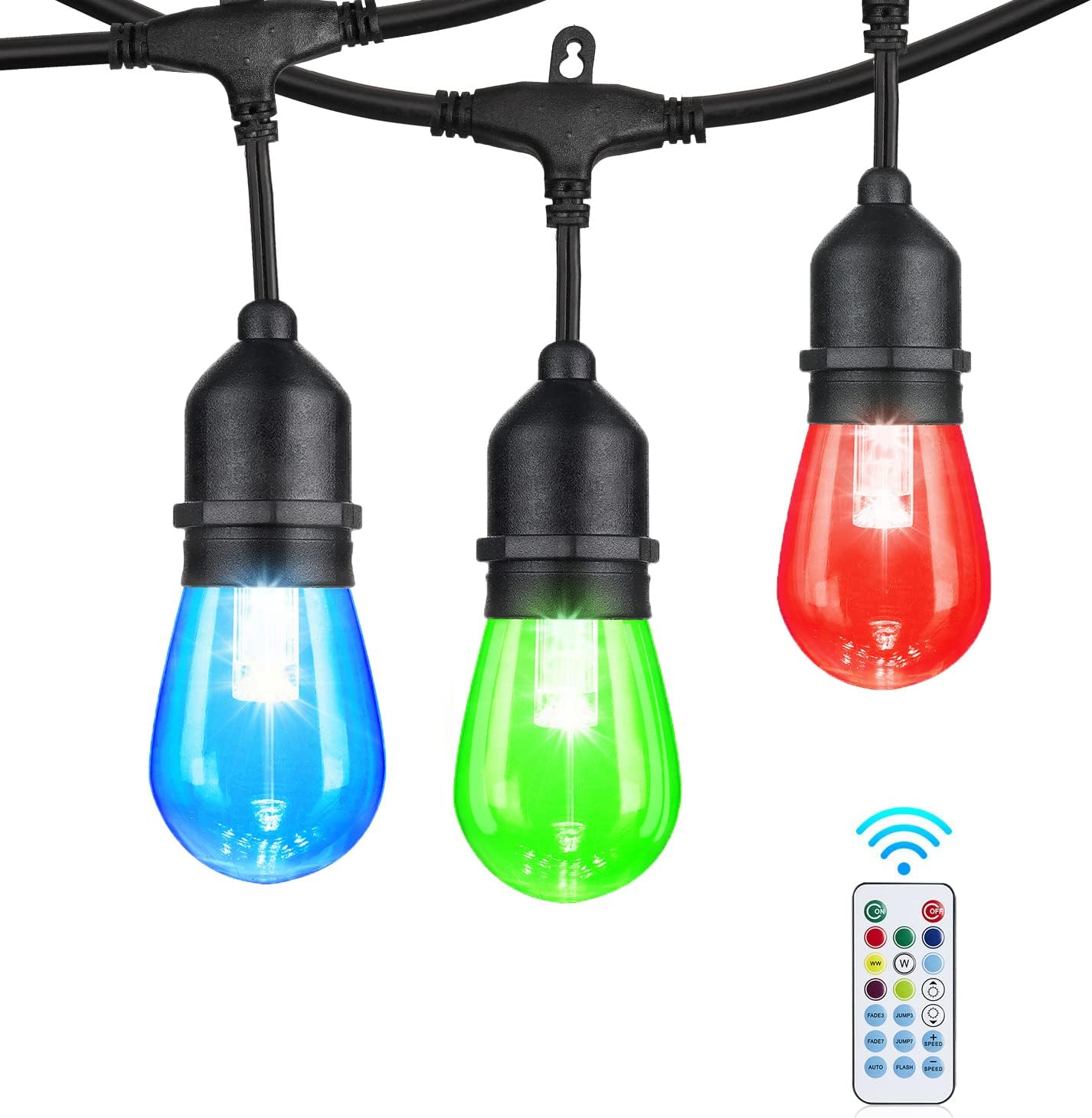 24FT Solar Outdoor String Lights, 12 Shatterproof Edison LED Bulbs, Dimmable RGB Color Changing Patio Lights Waterproof with Remote. for Patio Decor, Garden, Yard, Party, Bistro